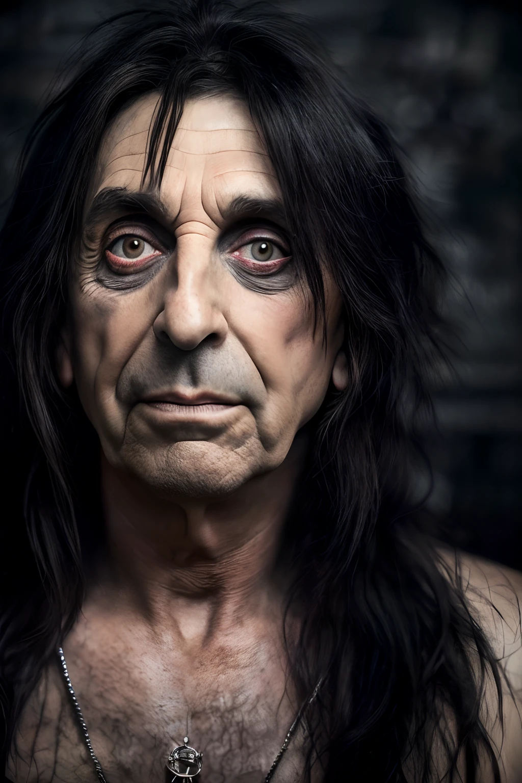 (close-up, editorial photograph of Alice Cooper ), (highly detailed face:1.4) (smile:0.7) (background inside dark, moody, private study:1.3) POV, by lee jeffries, nikon d850, film stock photograph ,4 kodak portra 400 ,camera f1.6 lens ,rich colors ,hyper realistic ,lifelike texture, dramatic lighting , cinestill 800,