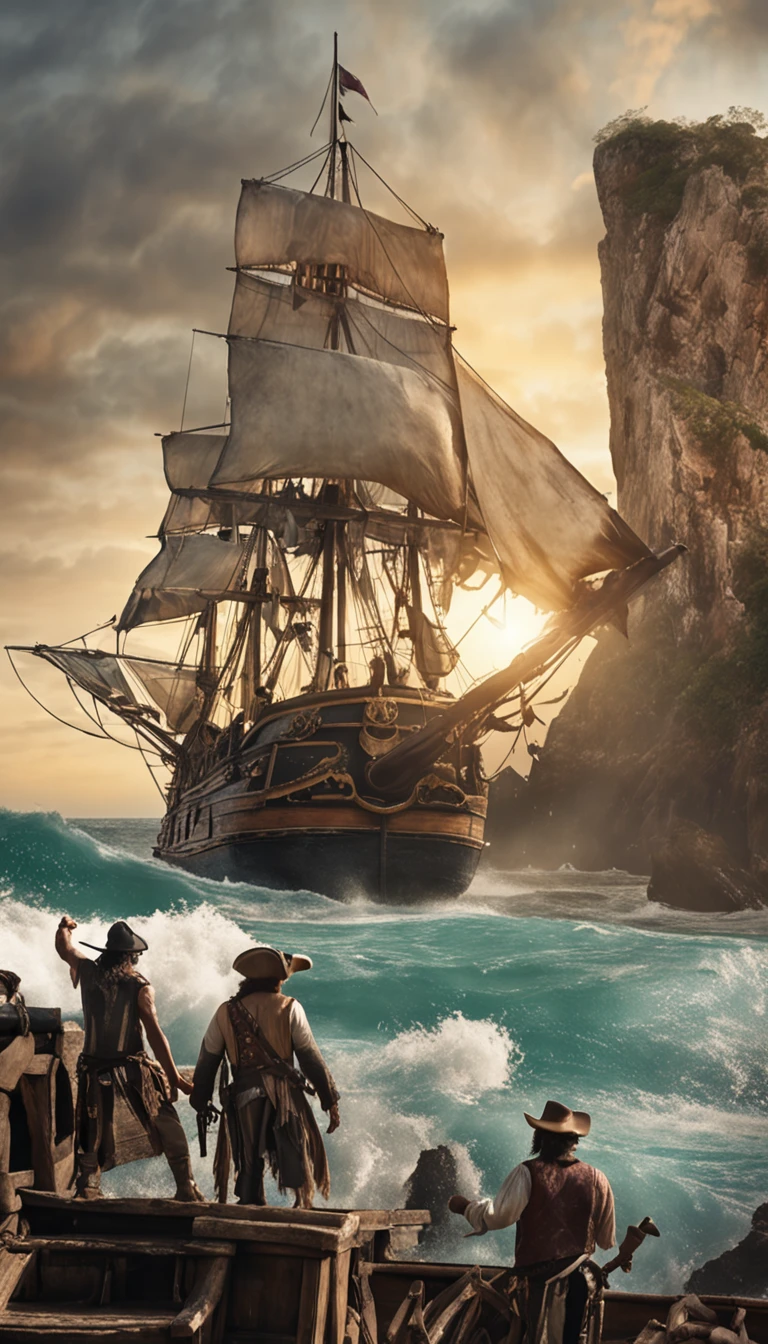 Piratas do Caribe, Aventura Swashbuckling, Action on the high seas, Epic battles, Fugas ousadas, Tesouros escondidos, Mystical curses, luta de espadas, navios piratas, Caribbean scenery, personagens aventureiros, Tabernas encharcadas de rum, ilhas misteriosas, pirate code, Monstros marinhos, guerra naval, 2048X1080