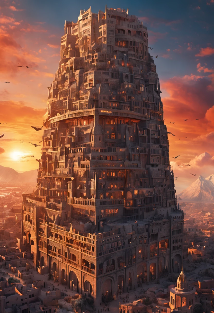 (en)
"An awe-inspiring illustration of the mythical Babel Tower, showcasing intricate details and breathtaking craftsmanship. The tower stands tall against a vibrant sunset sky, casting a mesmerizing shadow upon the bustling city below. The scene is imbued with a sense of wonder and grandeur, capturing the essence of human ambition and unity."