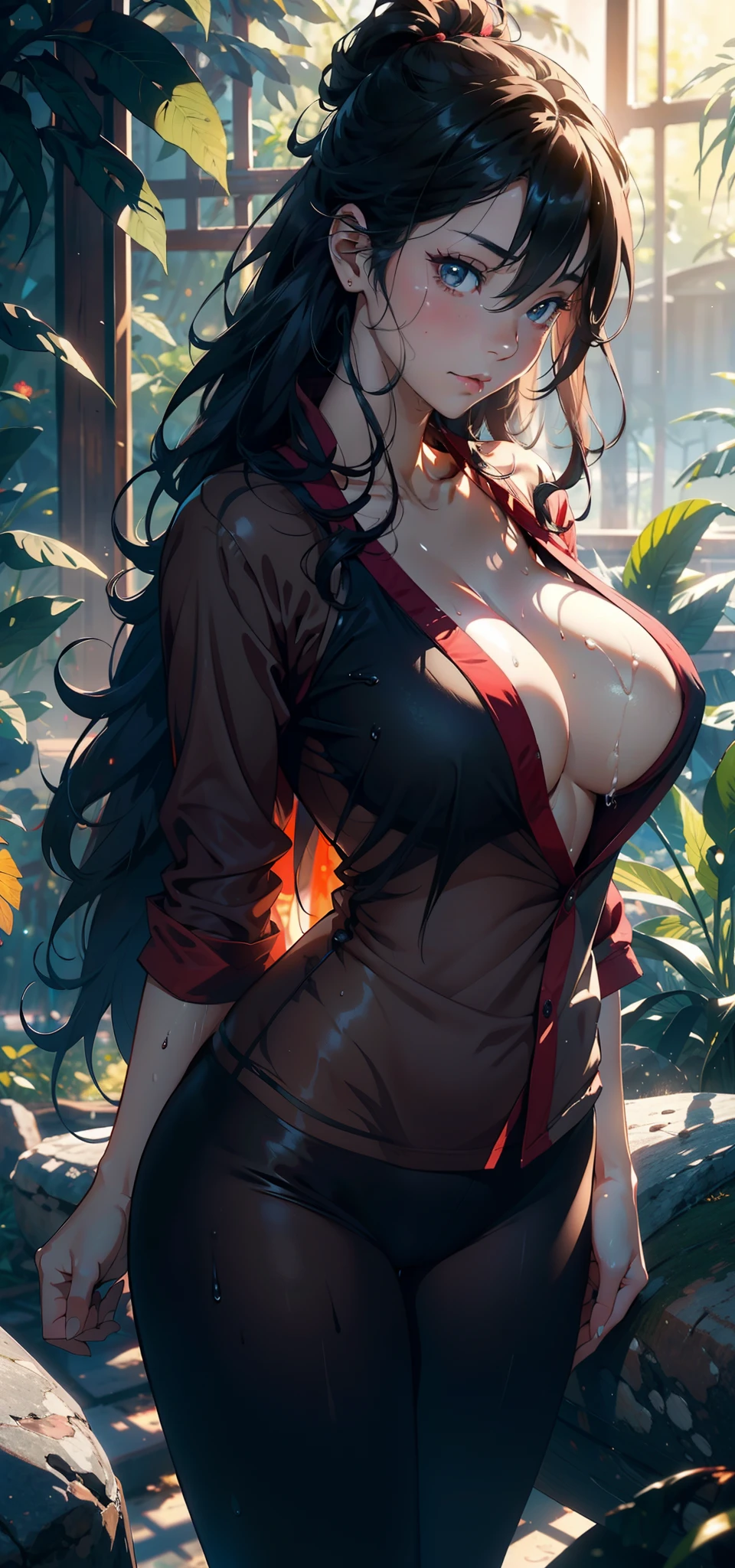 1female，25 age old，Large breasts，Pornographic exposure， 独奏，（Background with：ln the forest，the rainforest，in summer） with his long black hair，standing on your feet，Sweat profusely，drenched all over the body，seen from the front， curlies， mostly cloudy sky，（（（tmasterpiece），（Very detailed CG unity 8K wallpaper），best qualtiy，cinmatic lighting，detailed back ground，beatiful detailed eyes，Bright pupils，（Very fine and beautiful），（Beautiful and detailed eye description），ultra - detailed，tmasterpiece，）），facing at camera，A high resolution，ultra - detailed），revealing breasts，Bare genitalia， Bulge，Camel toes，Raised sexy，Flushed complexion，Open-mouthed，frontage，warrior（Wearing：Red loose shirt，Pantyhose）nakeness，high-heels