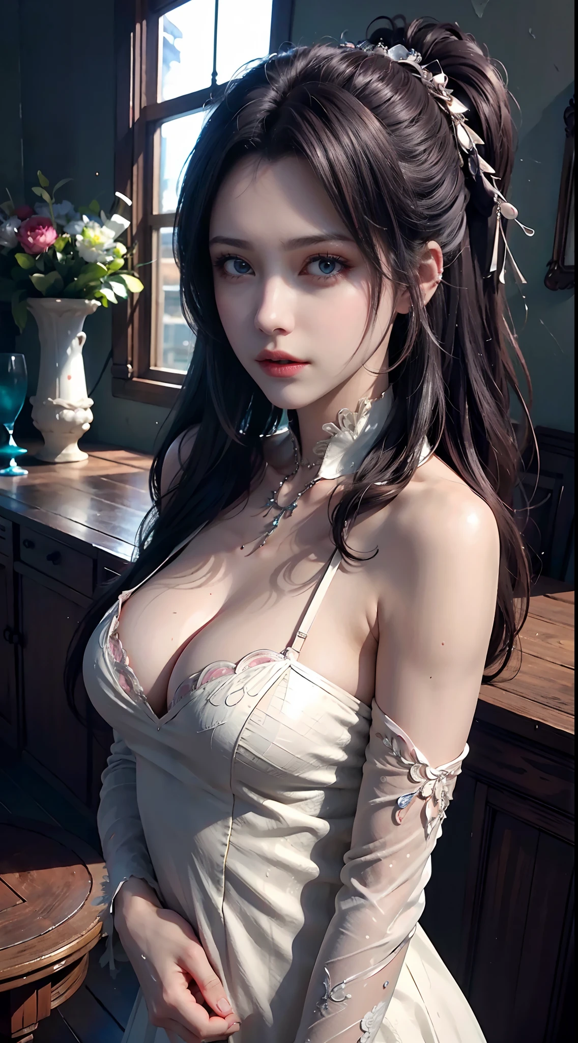 (8k, RAW photo, masterpiece:1.2),solo,pov,,(super realistic, photo-realistic:1.3), ultra-detailed, extremely detailed cg 8k wallpaper,hatching (texture),skin gloss,light persona,,(crystalstexture skin:1.2), (extremely delicate and beautiful),(((full body:1.2))), professor ,,beautiful detailed water,beautiful detailed sky,,1girl,arms behind head,long_hair, solo, very_long_hair,rabbit_ears, animal_ears,bare_shoulders,ponytail,pink dress, (breasts,medium_breasts, cleavage:1.0),looking_at_viewer, xwhd,