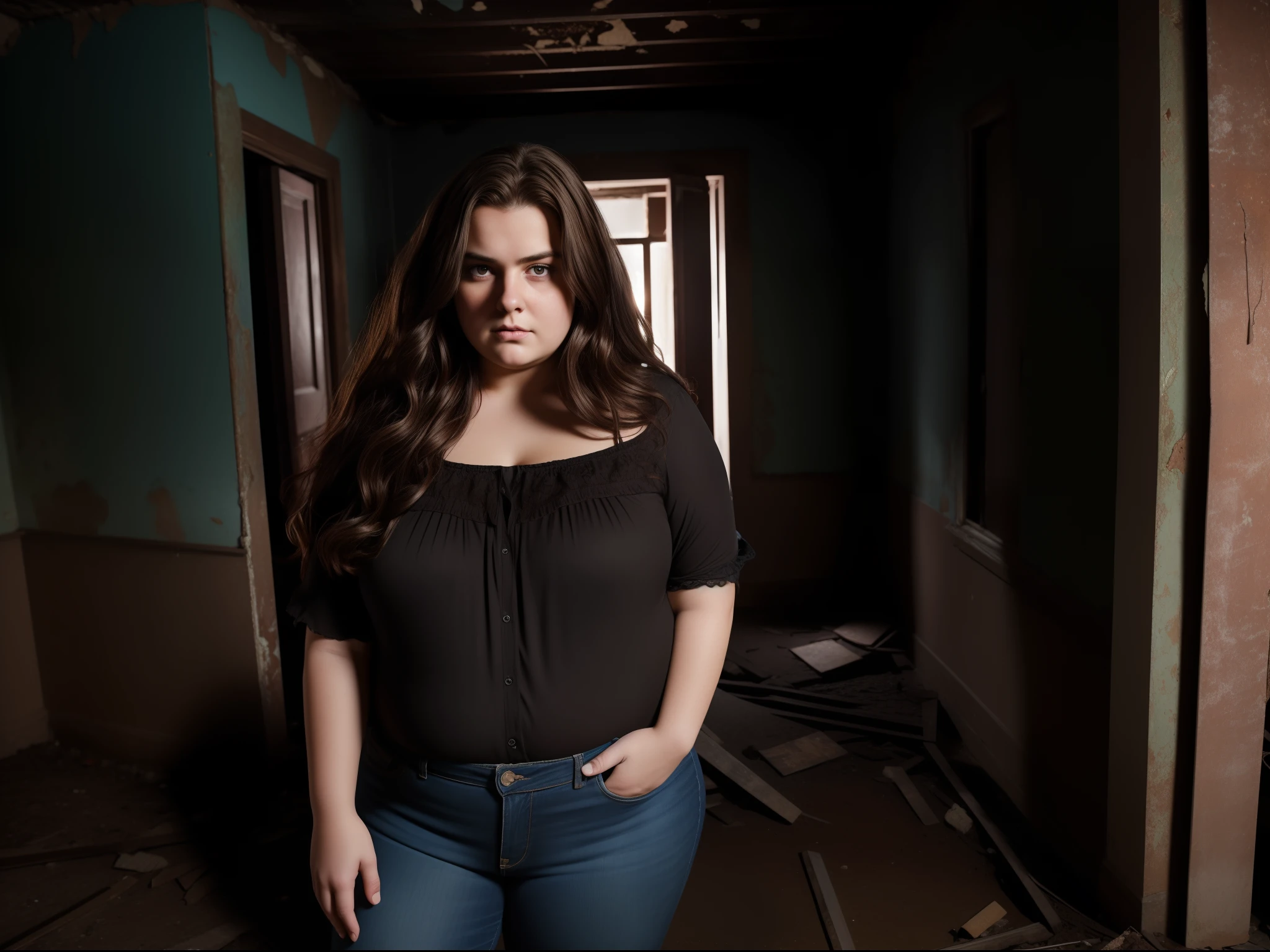 Ultra-realistic 8K image of an ugly 22-year-old fat woman with long, wavy brown hair dressed in a black blouse and jeans, exploring an old abandoned house with moldy walls at night; horrified expression, wide eyes, night