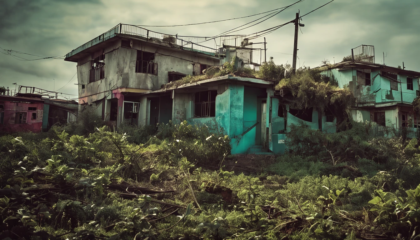 apocalyptic landscape, cidade abandonada, plantas em toda parte, dia nublado, soturno, no experience
