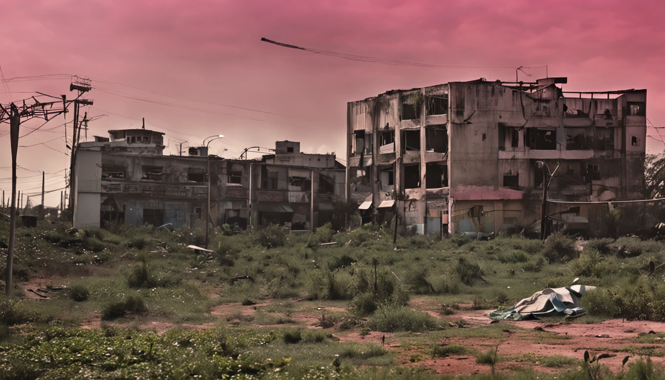 apocalyptic landscape, cidade abandonada, plantas em toda parte, dia nublado, soturno, no experience