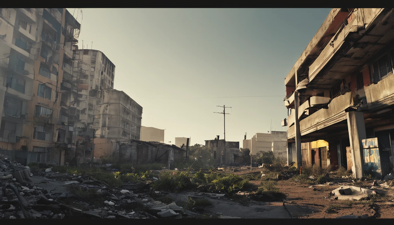 apocalyptic landscape, cidade abandonada, plantas em toda parte, dia nublado, soturno, no experience
