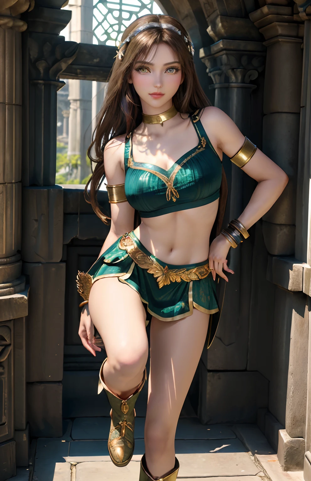 ((Realistic:1.5)), ((Best quality)), ((Masterpiece)),((Detailed)),1girls,duo,{beautiful women}, (full body:1.3), crouched,super wide shot,Face focus, Long legs,Curvy, long boot until below of knees,Wide hips, Thin legs, Oversized eyes,Long eyelashes, (Detailed face,beautidful eyes, detailedpupils,detailed clothes features, Clear background:1.3), (armlets, bangle:1.3), Mysterious ancient ruins, floresta exuberante, palace,bright detail,Sharp,Perfect compounding, Intricate, Sharp focus, Dramatic