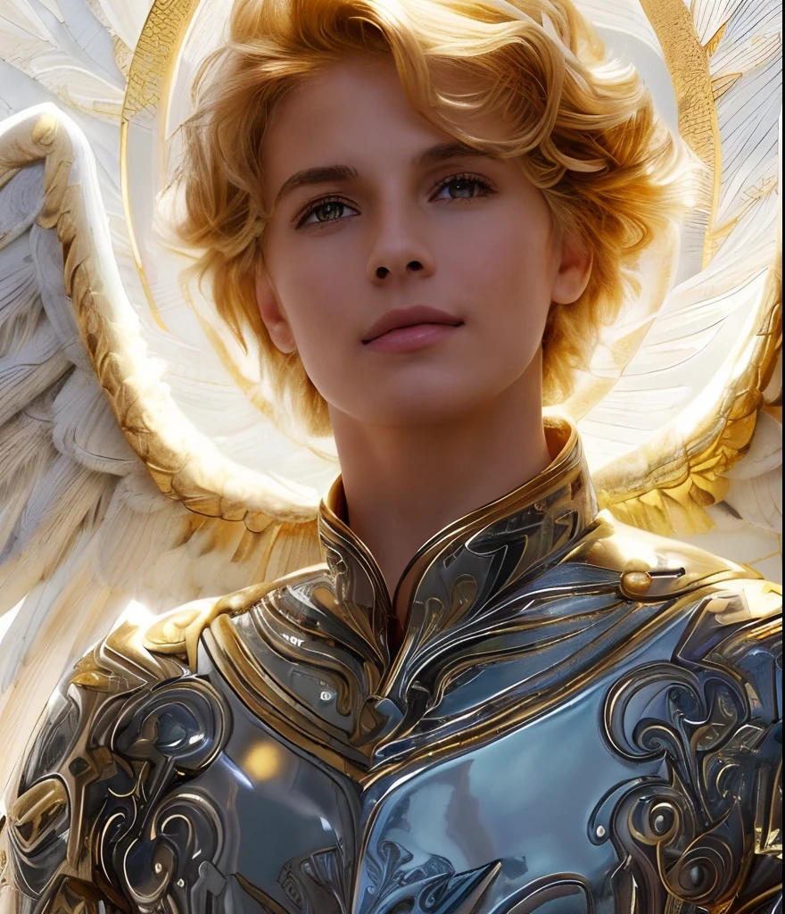(((SAINT MICHAEL ARCHANGEL. 19 years old))) ((( Con una cara seria y piadosa. Con una mirada dulce y tierna))) (obra maestra, calidad superior, mejor calidad, arte oficial, beautiful and aesthetic: 1.2), (1girl), extremadamente detallado, (Arte fractal: 1.3), colorido, highest detailed, Cara perfecta, parte superior del cuerpo, HDR, (orando: 1.3), (golden lines of white coat: 1.2), galaxia, (rayas de luz), eye-catching visuals, (dynamic stripes, senderos luminosos: 1.2), colores vibrantes,