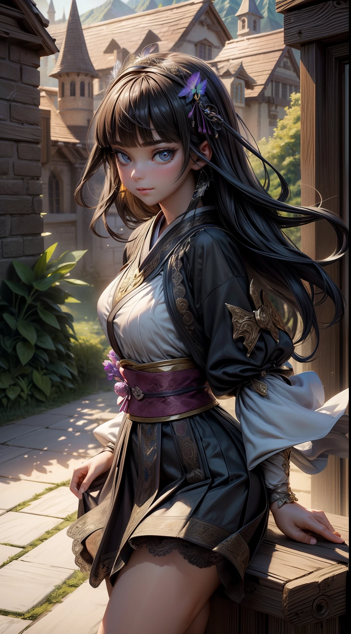 peasant girl, 1girl, perfect and well designed eyes, (beautiful detailed eyes:1.05), natural breasts, slim body, (delicate face:0.9), fair skin, detailed skin, realistic skin, medium length hair, hair voluminous, super high resolution, 8k, parameters Best quality, (masterpiece:1.4), (magic accessories:1.4), extremely detailed {{{silk|latex|lycra}|feathers}|lacy} {{shirt|{{clothing|bra}:kimono:0.9}}|{skirt|dress}}, neckline, ultra detailed, photorealistic, (best quality:1.4), super high resolution, (Realistic 1.4), More details, (portrait, full body), (((1girl))), (witchcraft:1.1), magic energy flows and sparkles, ((castle, stronghold) city, hills, village), (beautiful and aesthetic:1.2), (fractal art:1.4), (cinematic light:1.1), 16K, HDR, RTX, Ray Tracing, Radiosity, Anisotropic Filtering, Subsurface Scattering, metallic reflections, vibrant colors