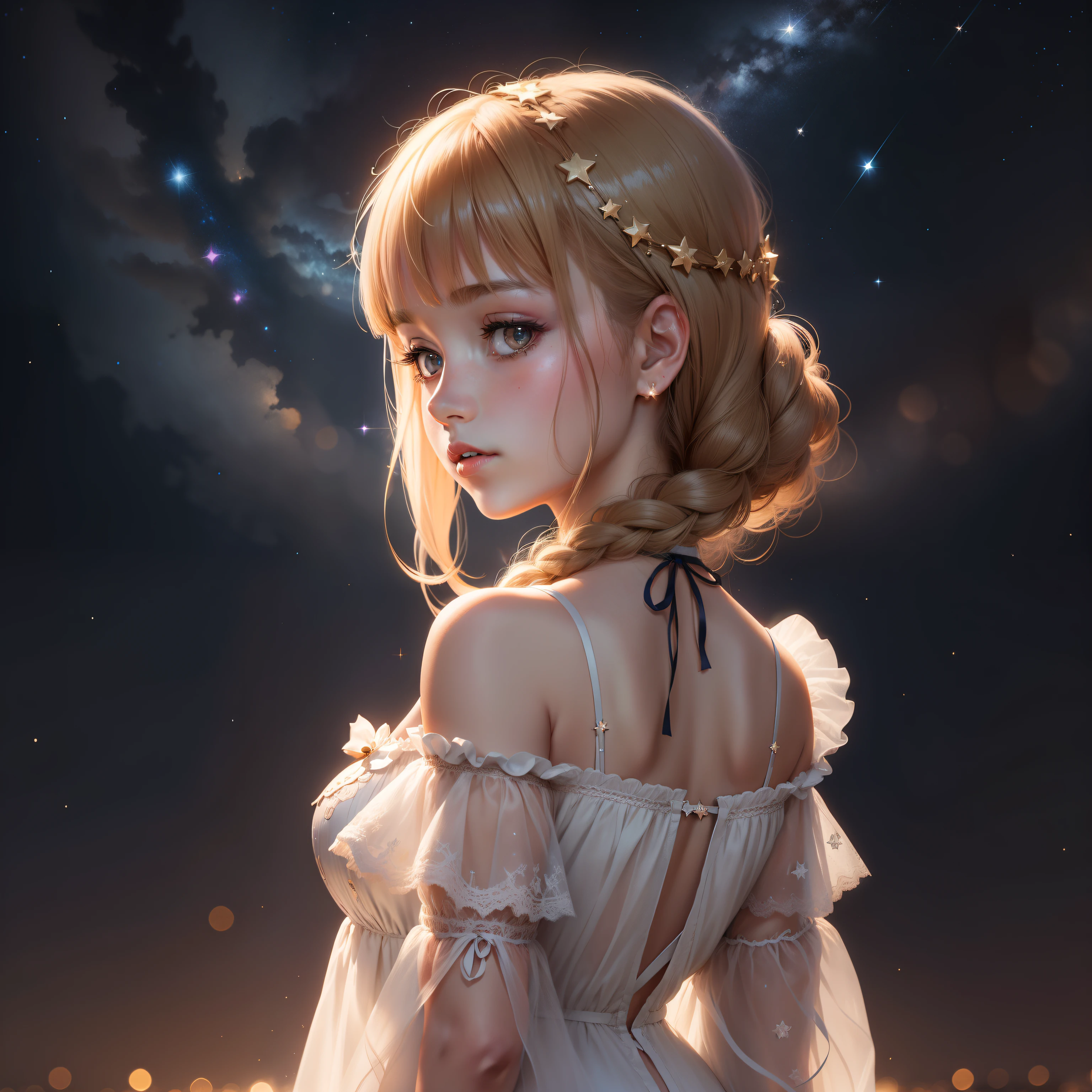 Shining stars on the girl's shoulder, Frame 85 mm, bokeh, Maiden's shoulder, the stars, is beautiful, Anime-style drawing, The face is not visible, a girl standing, Back, Drawing of stars on the girl's shoulder