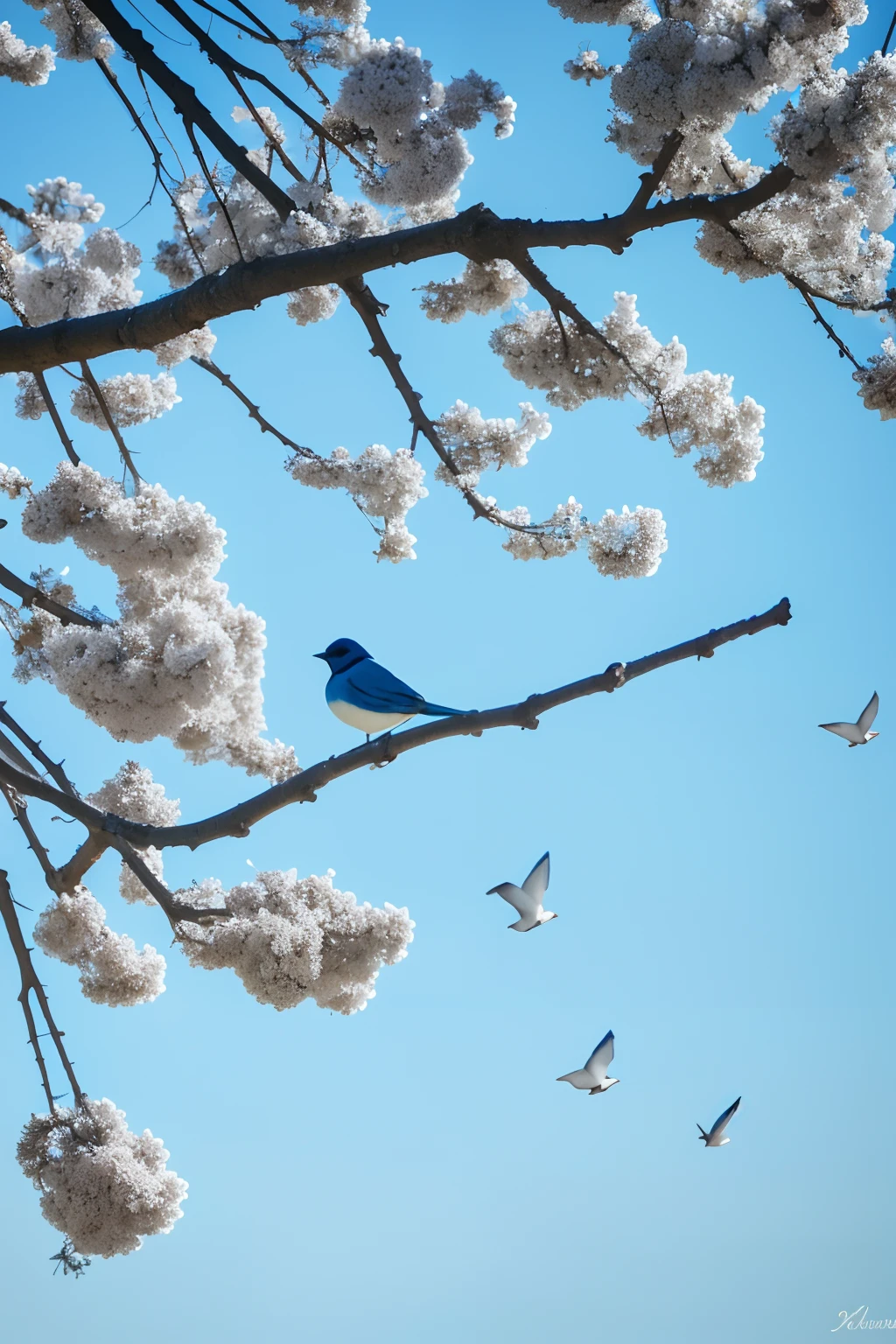 Blue colors with birds on the branch