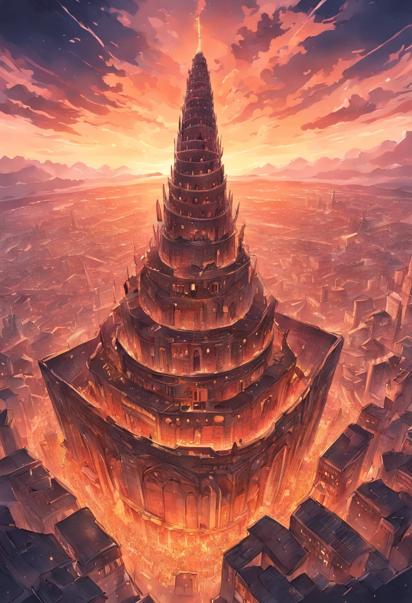 (en)
"An awe-inspiring illustration of the mythical Babel Tower, showcasing intricate details and breathtaking craftsmanship. The tower stands tall against a vibrant sunset sky, casting a mesmerizing shadow upon the bustling city below. The scene is imbued with a sense of wonder and grandeur, capturing the essence of human ambition and unity."
