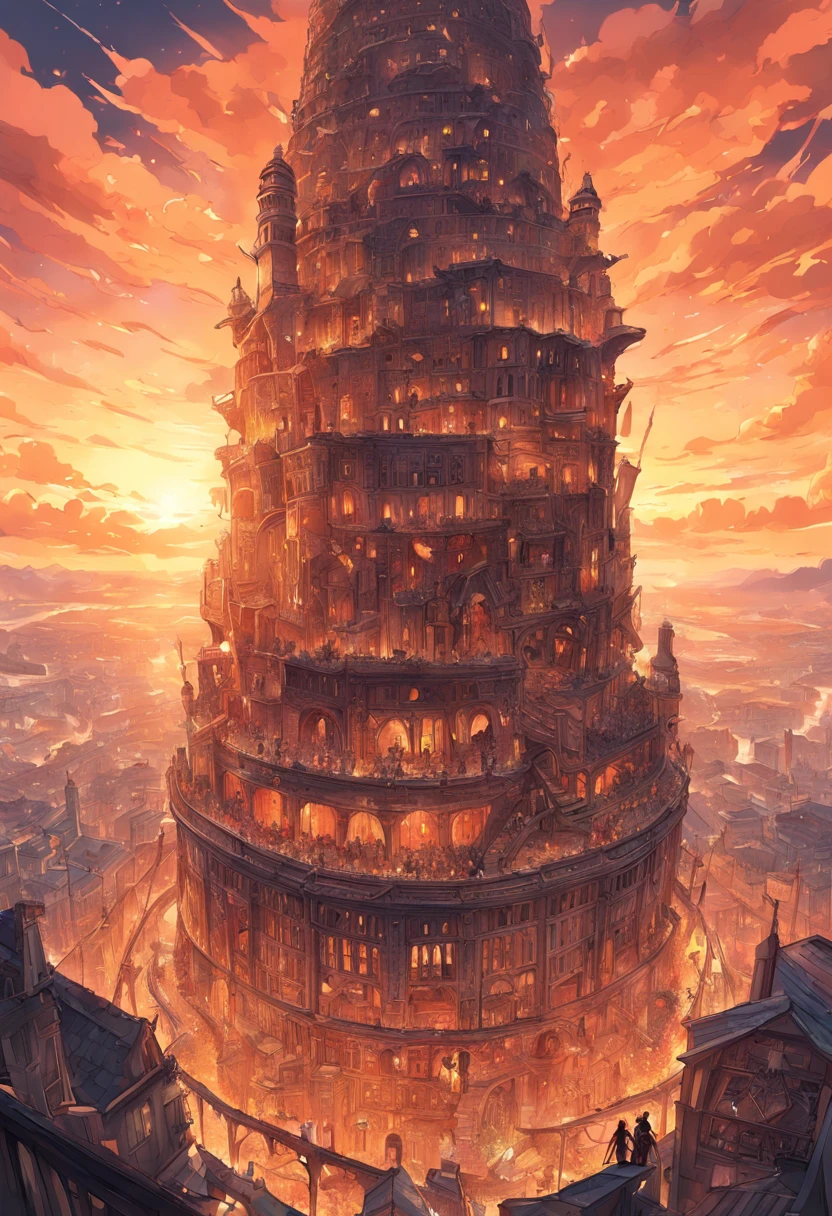 (en)
"An awe-inspiring illustration of the mythical Babel Tower, showcasing intricate details and breathtaking craftsmanship. The tower stands tall against a vibrant sunset sky, casting a mesmerizing shadow upon the bustling city below. The scene is imbued with a sense of wonder and grandeur, capturing the essence of human ambition and unity."