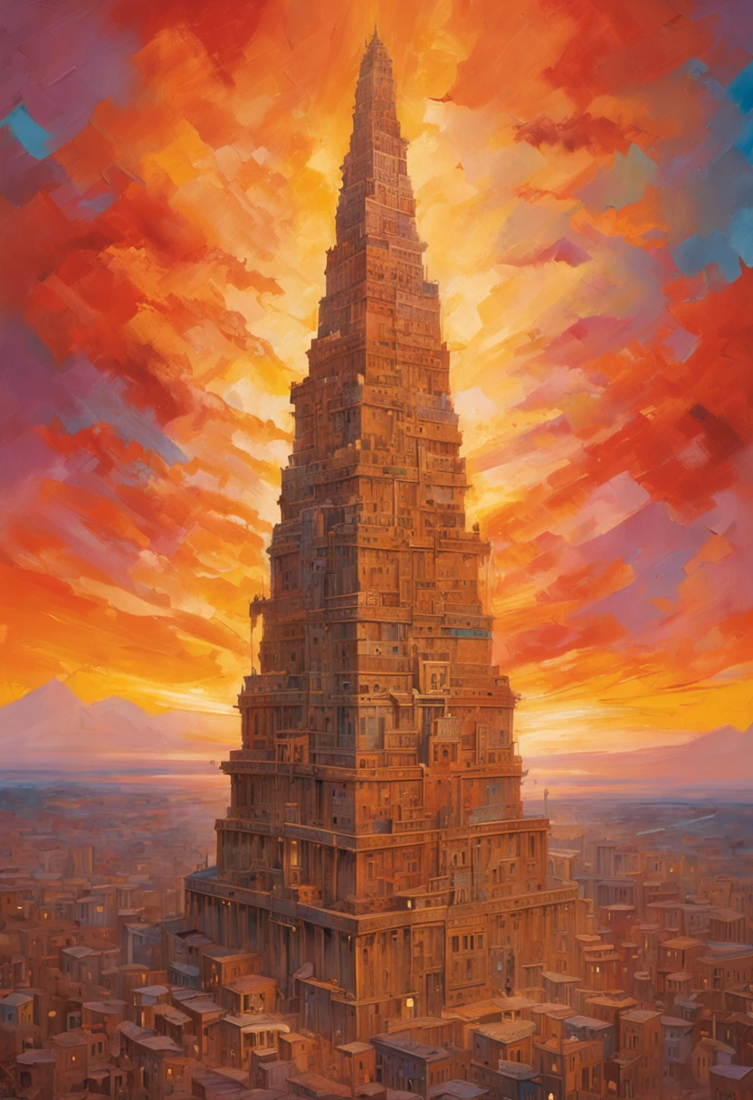 (en)
"An awe-inspiring illustration of the mythical Babel Tower, showcasing intricate details and breathtaking craftsmanship. The tower stands tall against a vibrant sunset sky, casting a mesmerizing shadow upon the bustling city below. The scene is imbued with a sense of wonder and grandeur, capturing the essence of human ambition and unity."