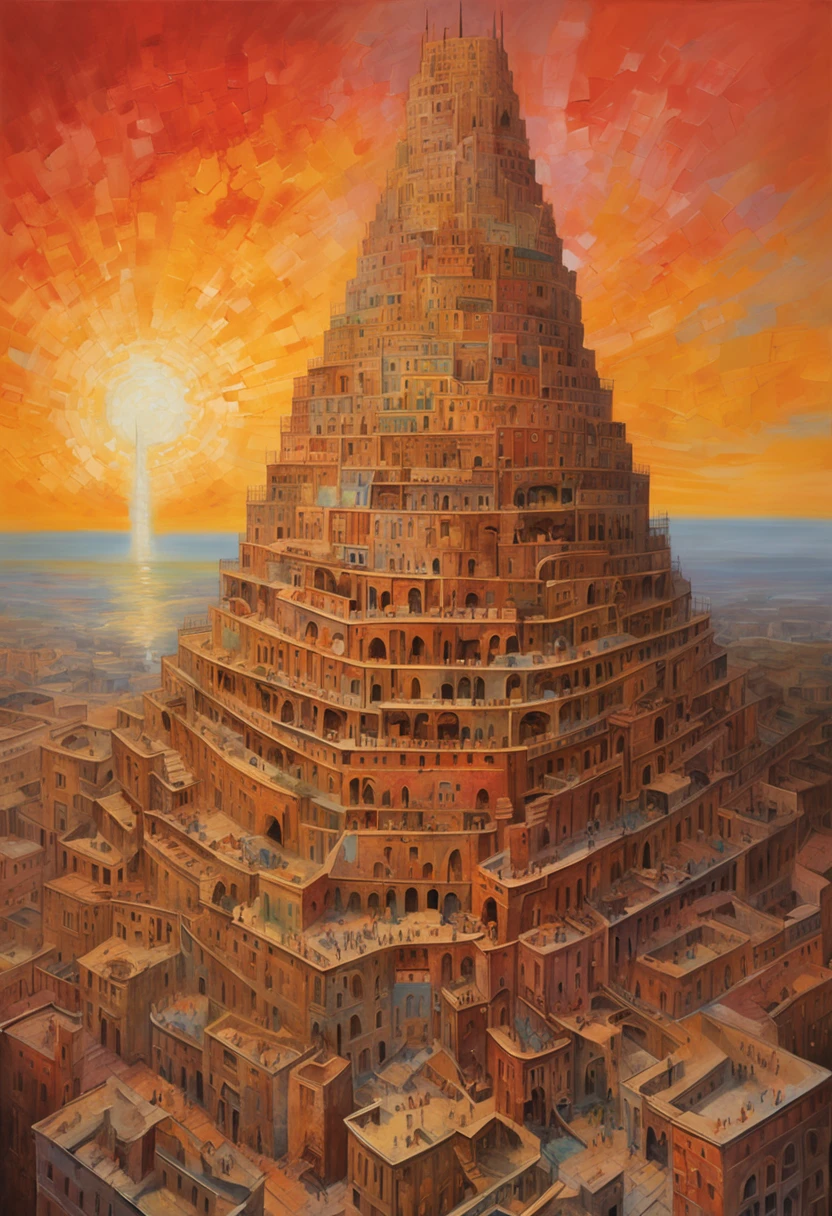 (en)
"An awe-inspiring illustration of the mythical Babel Tower, showcasing intricate details and breathtaking craftsmanship. The tower stands tall against a vibrant sunset sky, casting a mesmerizing shadow upon the bustling city below. The scene is imbued with a sense of wonder and grandeur, capturing the essence of human ambition and unity."
