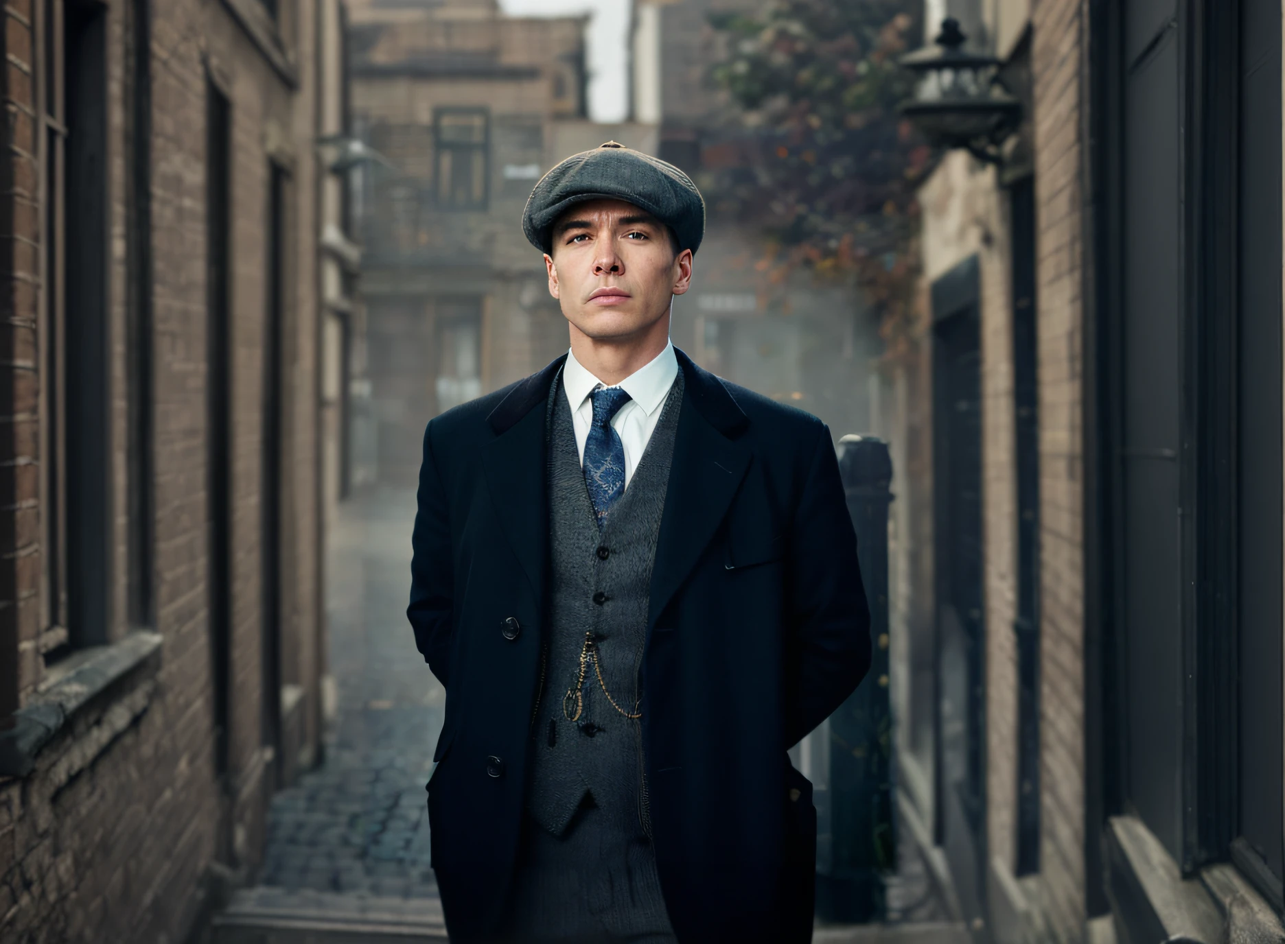 There's a man in a suit and tie standing on a street, Persianas Peaky, Figurinos de Peaky Blinders, Persianas Peaky (2018), Sherlock Holmes, Turma de Peaky Blinders, Retrato de Sherlock Holmes, inspirado em Max Magnus Norman, inspirado por John Watson Gordon, Bento Cumberbatch, Charles, homem bonito, a suited man in a hat