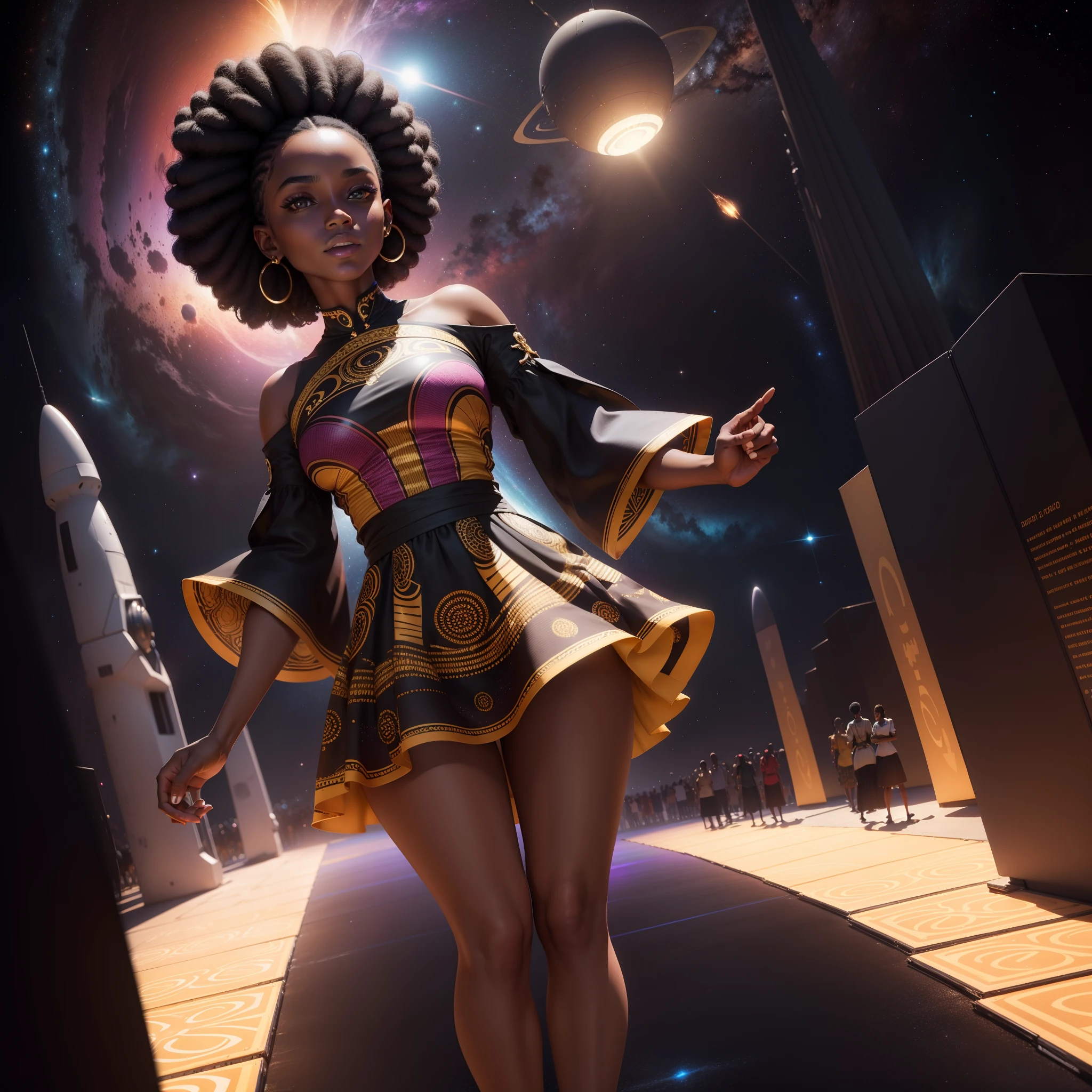 Beautiful black girl dressed in a skirt or dress with African designs modelling on the runway, in outer space, crowd watching, with iridescent light, highly detailed images, vibrant beautiful colours, photorealistic image, 8k, ultra HD, unreal engine rendered, cinematic lighting, artgerm style,