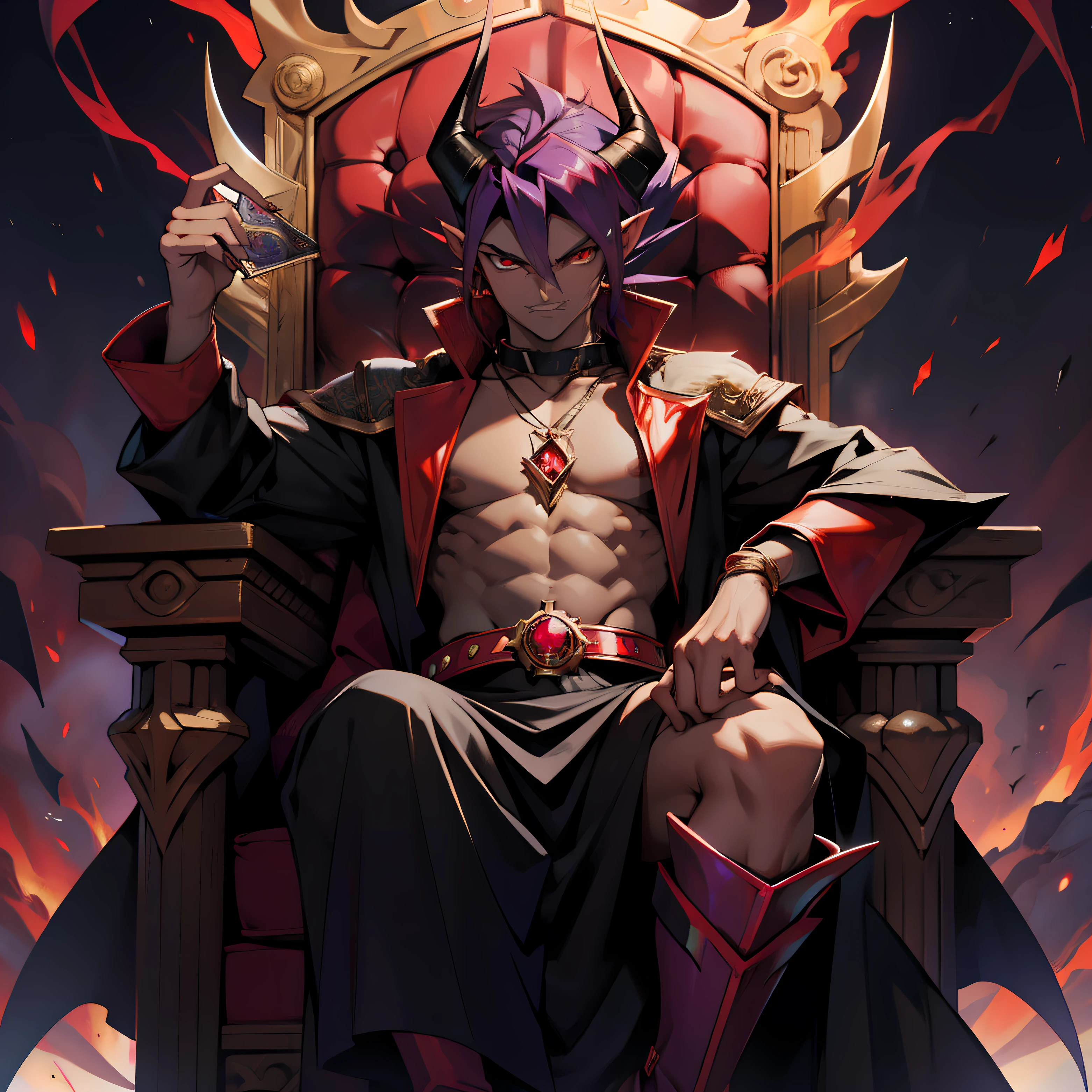 Generate a yugioh monster that is fire attribute and a fiend monster. Give him dark hair with red tips, purple skin, flaming red eyes, sharp teeth. Give him three tarot cards in his hand that he is looking at, two horns on the side of his head. same pose and general clothing, except for a diamon shaped red glowing pendant around his neck