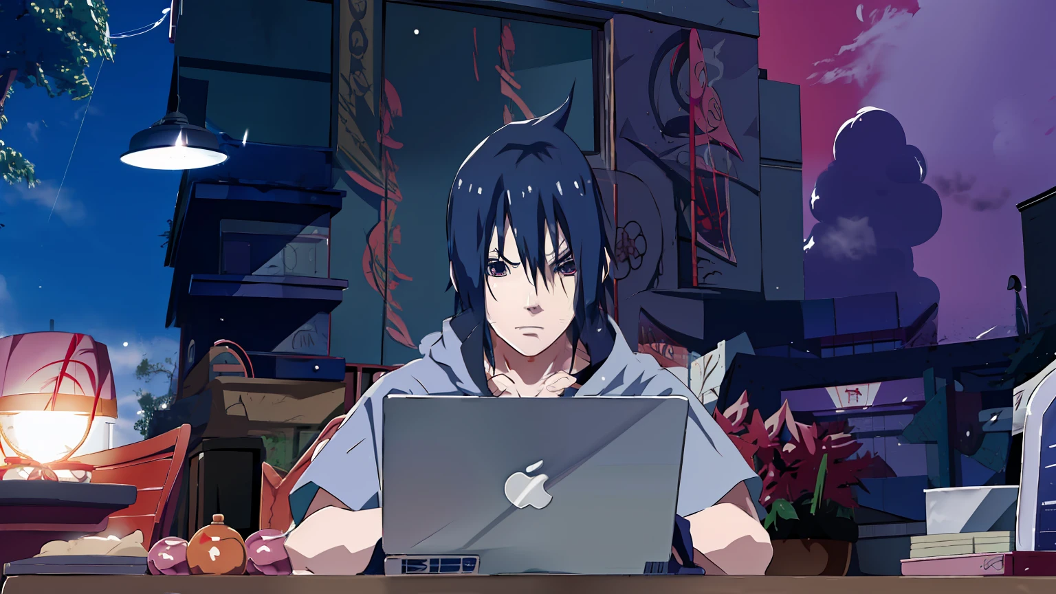 personagem de anime sentado em uma mesa com um laptop, sasuke uchiha, Estilo anime 4K, badass anime 8 k, Estilo anime moderno, Estilo anime. 8k, itatchi uchiha, Epic anime style, Steve Jobs como Hokage, Estilo anime muito moderno, Estilo anime", Estilo anime 2D, em Estilo anime, Estilo de arte Ufotable