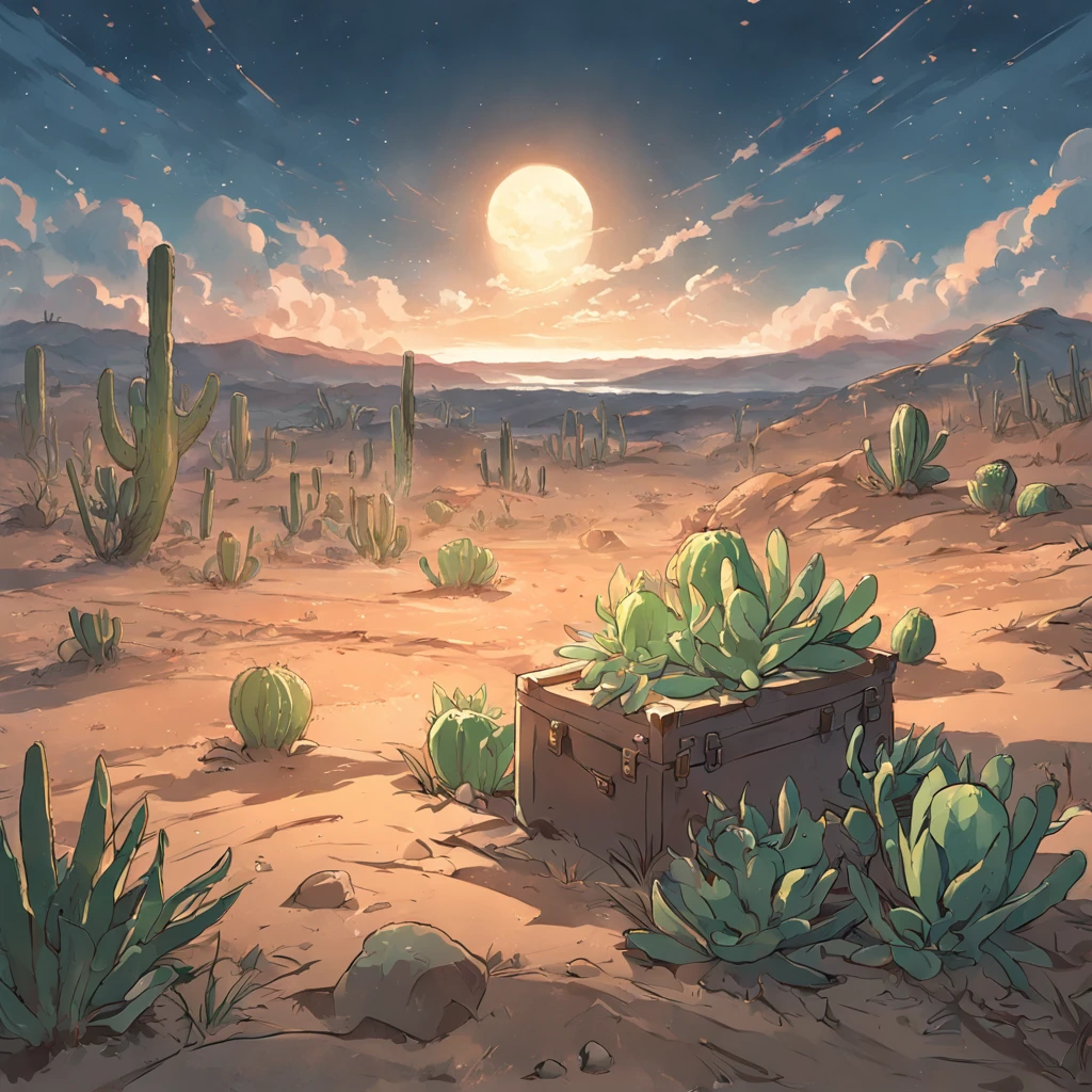 Bau de tesouro fechado ao longe na paisagem, bau do tesouro, Cactus plants in a desert area with a sky background, caatinga, paisagem do deserto, Desert scenery showing a treasure chest.