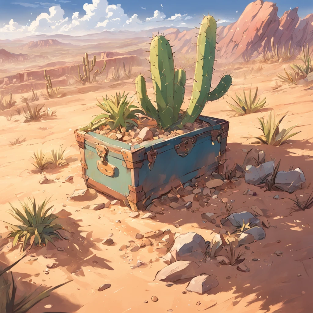 Bau de tesouro fechado ao longe na paisagem, bau do tesouro, Cactus plants in a desert area with a sky background, caatinga, paisagem do deserto, Desert scenery showing a treasure chest.