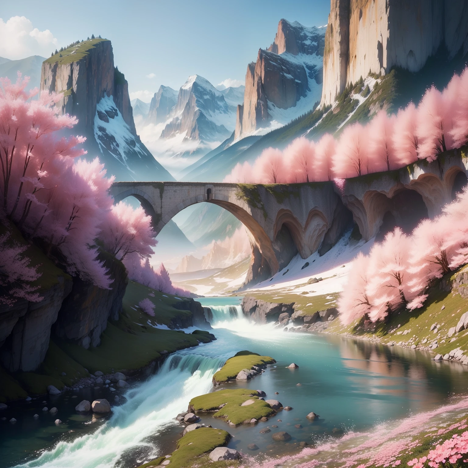 ((A sparkling stream flows from a cliff, Scenic nature, Delightful flowers, Mountains are visible in the background, superdetail, photorealestic))