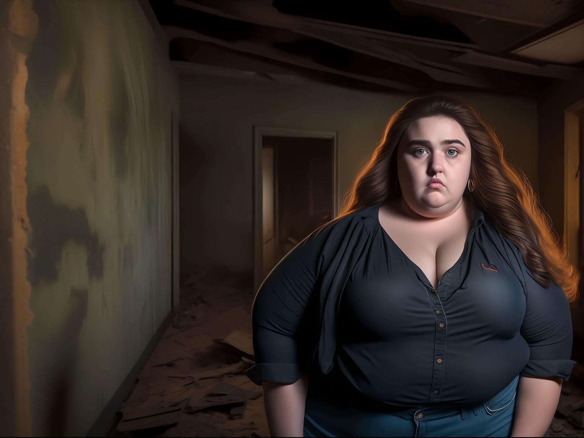 Ultra-realistic 8K image of an ugly 22-year-old fat woman with long, wavy brown hair dressed in a black blouse and jeans, exploring an old abandoned house with moldy walls at night; horrified expression, wide eyes, night