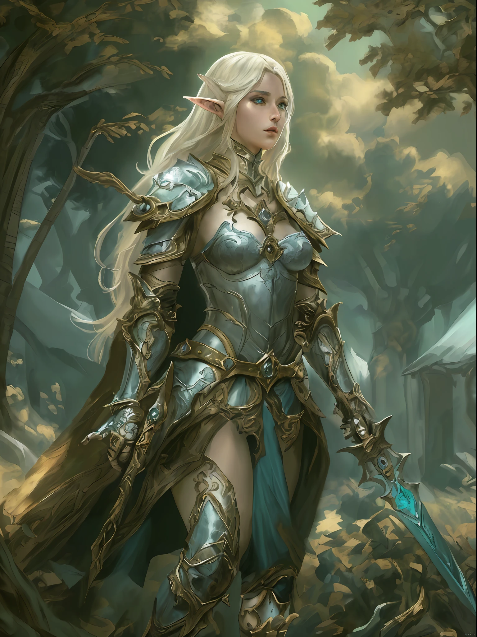 high details, best quality, 8k, [ultra detailed], masterpiece, best quality, (extremely detailed), full body, ultra wide shot, photorealistic, fantasy art, dnd art, rpg art, realistic art, a wide angle, (((anatomically correct))) a wallpaler of an elf knight, elf warrior, princess knight, shinning knight, ready for battle with her mount (intense details, Masterpiece, best quality: 1.5), female elf (intense details, Masterpiece, best quality: 1.5), ultra detailed face, ultra feminine, fair skin, exquisite beauty, gold hair, long hair, wavy hair, small pointed ears, dynamic eyes color, wearing heavy elven armor, shinning metal, armed with elven sword Divine_sword_Irelia, standing near her mount, dynamic mount , green meadows, blue skies background and some clouds background depth of field (intricate details, Masterpiece, best quality: 1.5), full body (intricate details, Masterpiece, best quality: 1.5), high details, best quality, highres, ultra wide angle