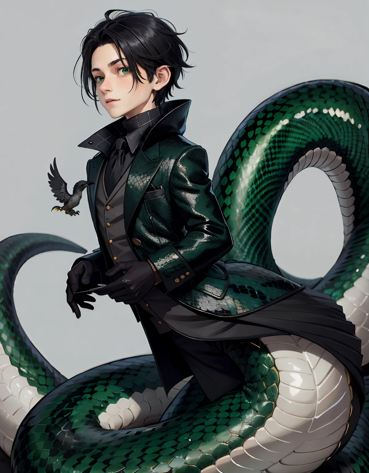 (lamia:1.2), scales, full body, 1boy, :d, animal hug, bird, black coat, black hair,black sweater, closed mouth, coat, diagonal-striped neckwear, diagonal stripes, green eyes, grey background, long sleeves