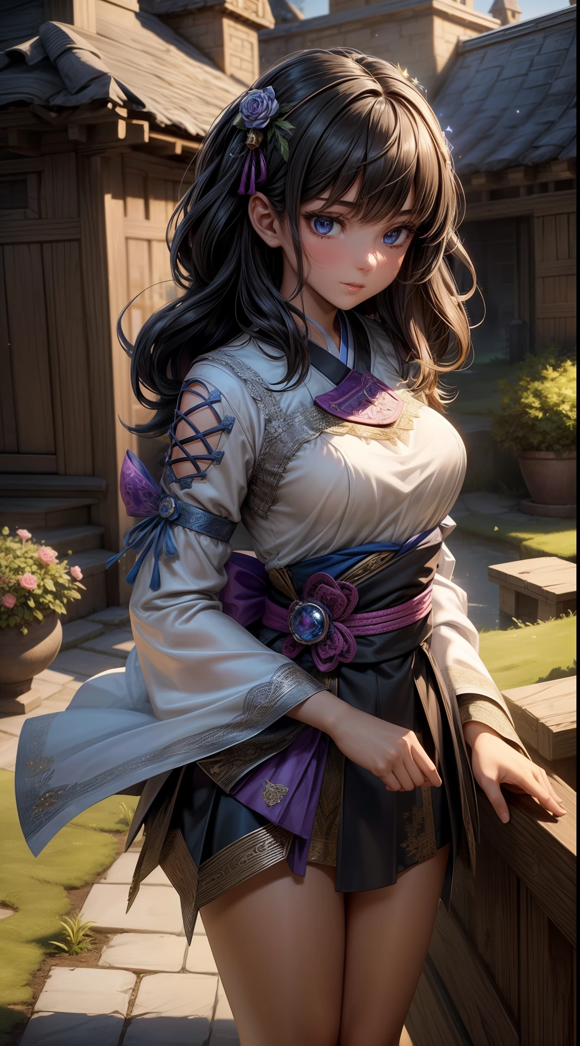 peasant girl, 1girl, perfect and well designed eyes, (beautiful detailed eyes:1.05), natural breasts, slim body, (delicate face:0.9), fair skin, detailed skin, realistic skin, medium length hair, hair voluminous, super high resolution, 8k, parameters Best quality, (masterpiece:1.4), (magic accessories:1.4), extremely detailed {{{silk|latex|lycra}|feathers}|lacy} {{shirt|{{clothing|bra}:kimono:0.9}}|{skirt|dress}}, neckline, ultra detailed, photorealistic, (best quality:1.4), super high resolution, (Realistic 1.4), More details, (portrait, full body), (((1girl))), (witchcraft:1.1), magic energy flows and sparkles, ((castle, stronghold) city, hills, village), (beautiful and aesthetic:1.2), (fractal art:1.4), (cinematic light:1.1), 16K, HDR, RTX, Ray Tracing, Radiosity, Anisotropic Filtering, Subsurface Scattering, metallic reflections, vibrant colors