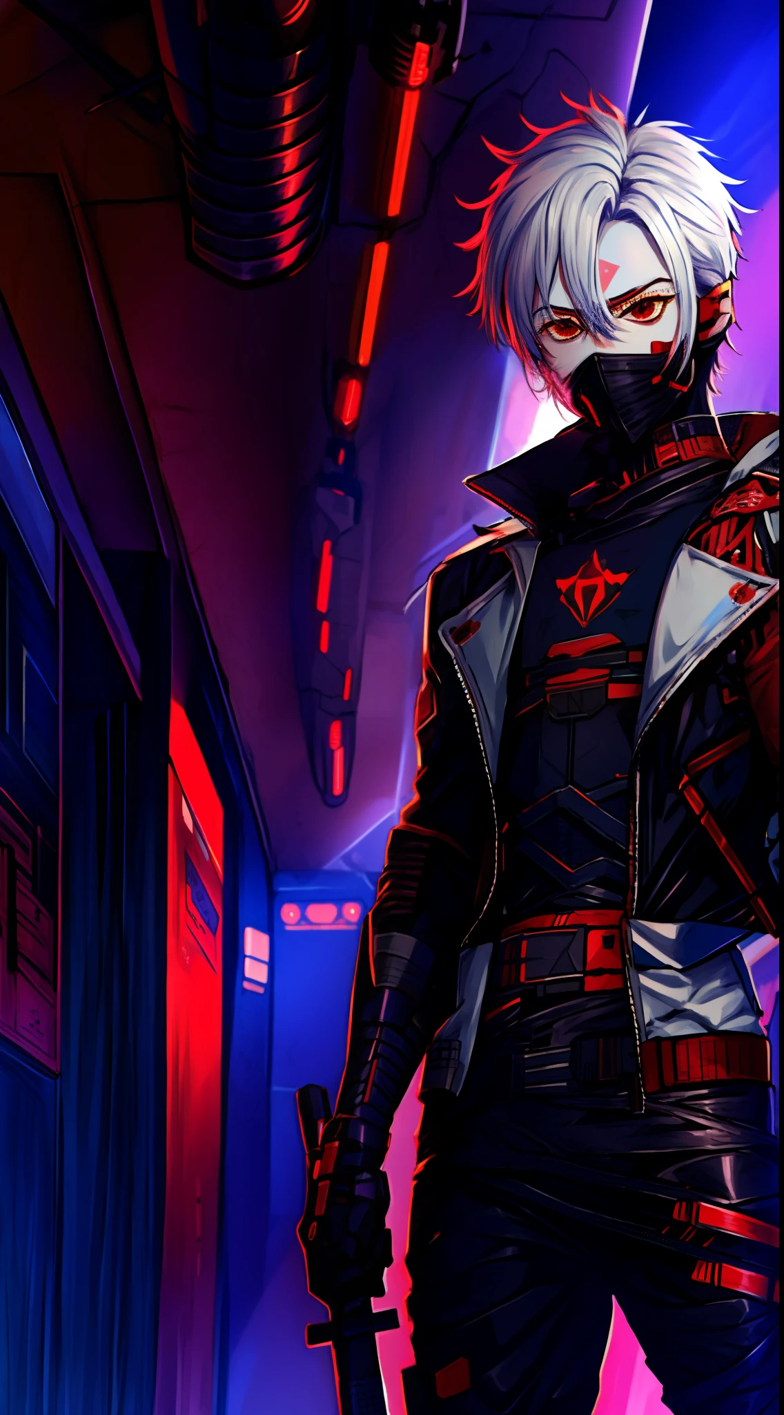 Anime boy with silver hair posing in Cyberpunk war scenario,olhos vermelhos, Ciber, Ciberpunk preto e armadura vermelha, Anime Full HD, Cyberpunk war scenario, segurando katana vermelha, mascara robotica cobrindo a boca, camisa preta masculina com jaqueta preta e vermelha