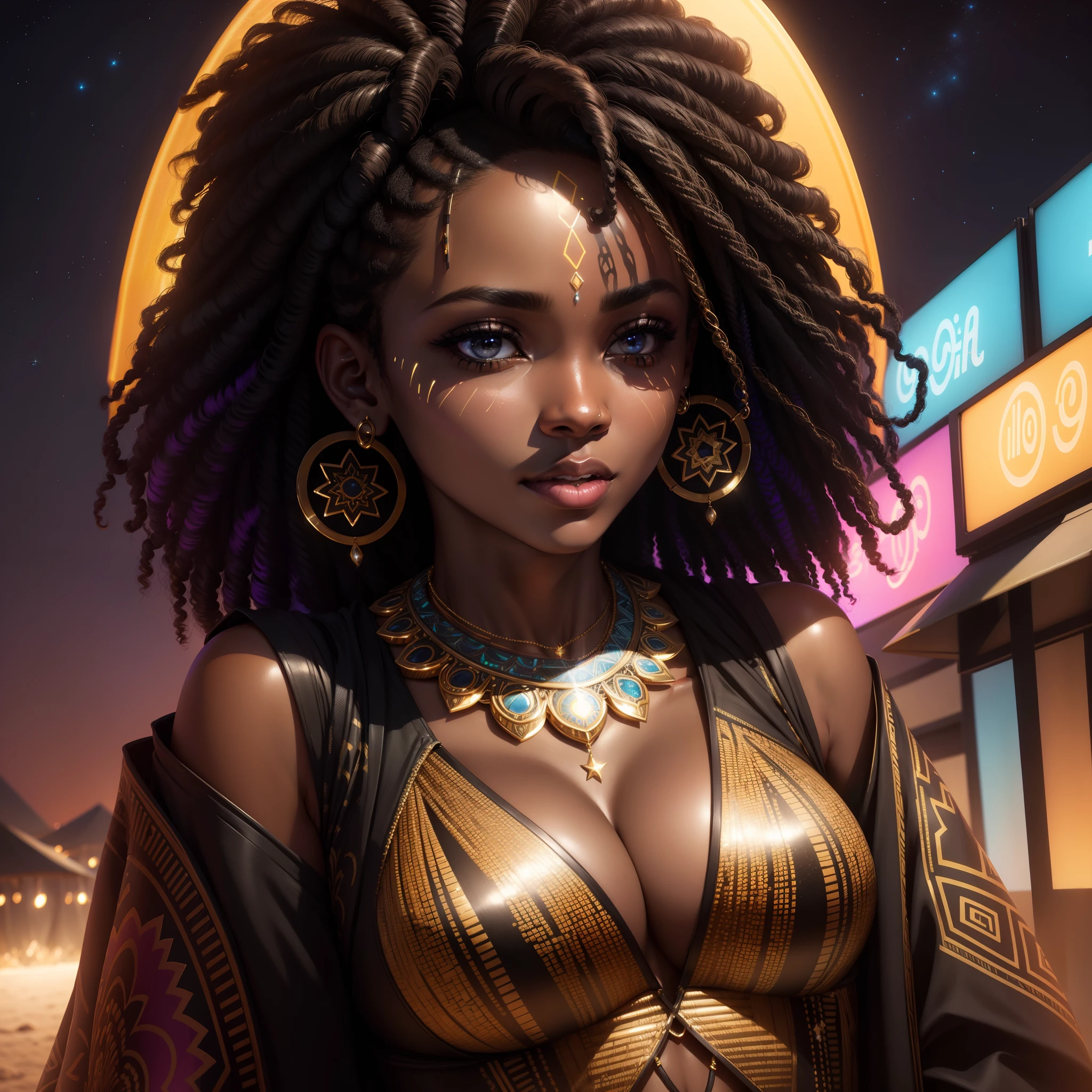 a close up of a beautiful African woman with neon lit African design facial art on her face, necklace and earrings, night time, sky full of stars, with iridescent light, highly detailed images, vibrant beautiful colours, curly black hair, photorealistic image, 8k, ultra HD, unreal engine rendered, cinematic lighting, artgerm style,