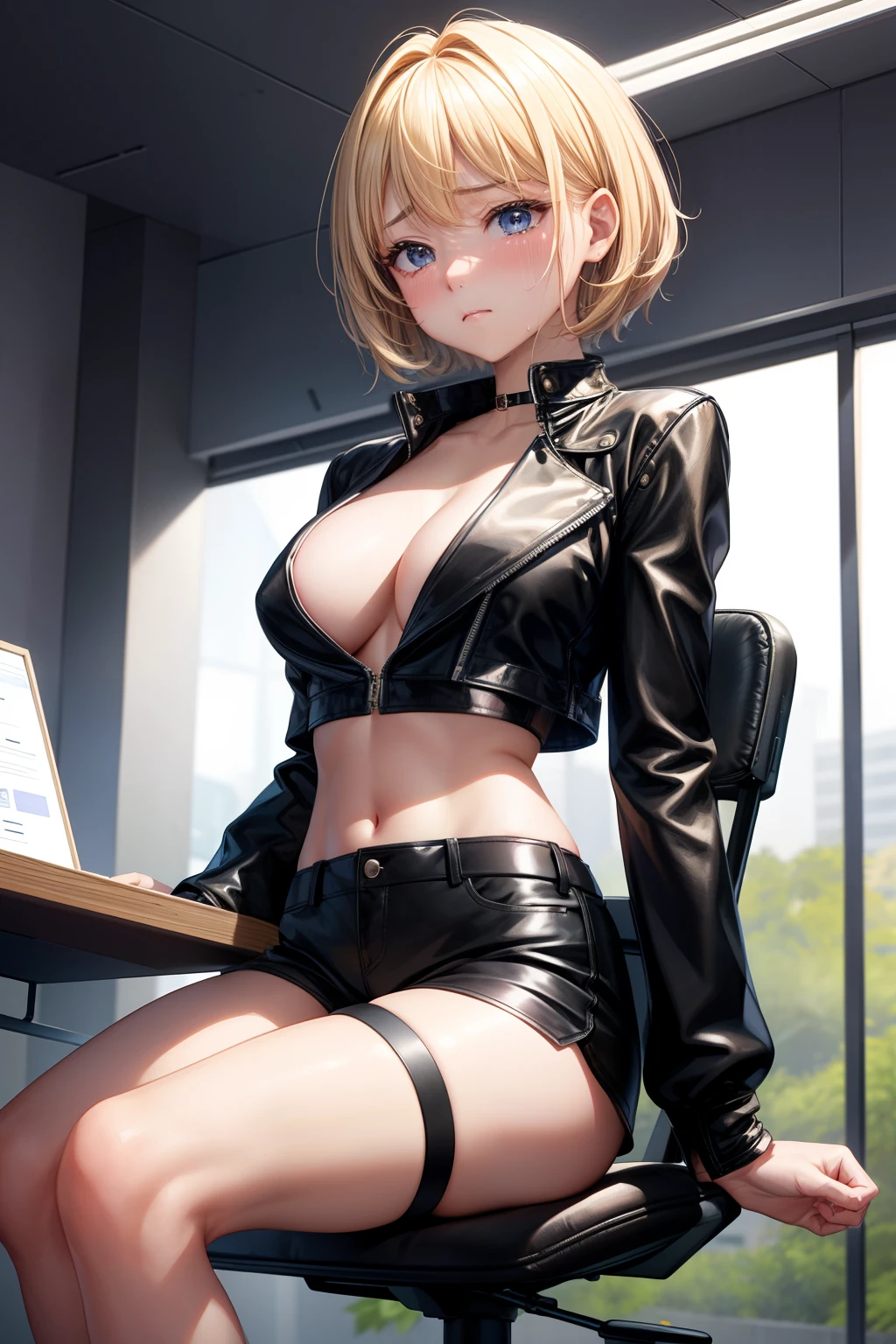 女の子 1 人、Beautie、a blond、short-hair、Bright eye、radiant eyes、croptop、a closed mouth、Black leather shorts、Short jacket、Black Long Sleeve Jacket、Office Chair、Opening legs、bend knee、Raise your legs on the chair、open-shirt、cleavage of the breast、Short jacket、Impatient expression、A face that looks like it's about to start crying、