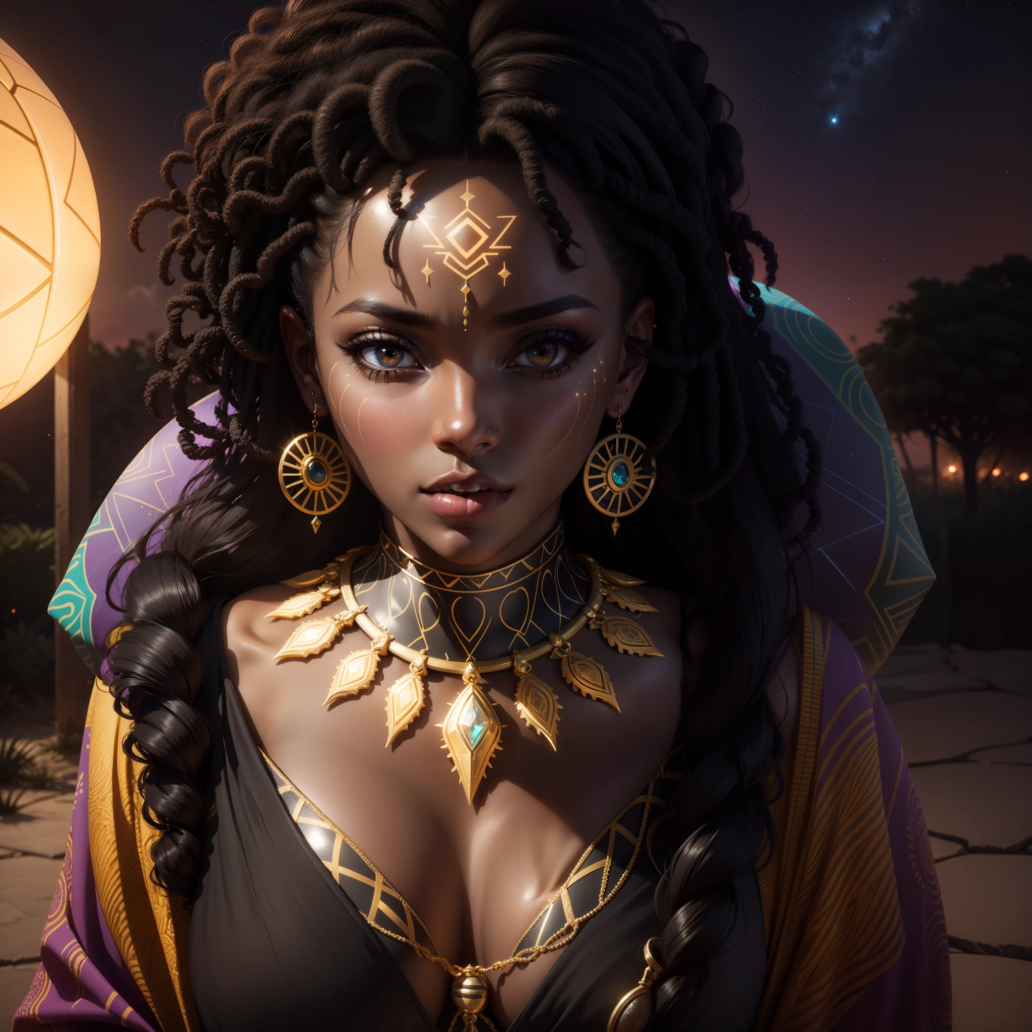 a close up of a beautiful African woman with neon lit African design facial art on her face, necklace and earrings, night time, sky full of stars, with iridescent light, highly detailed images, vibrant beautiful colours, curly black hair, photorealistic image, 8k, ultra HD, unreal engine rendered, cinematic lighting, artgerm style,