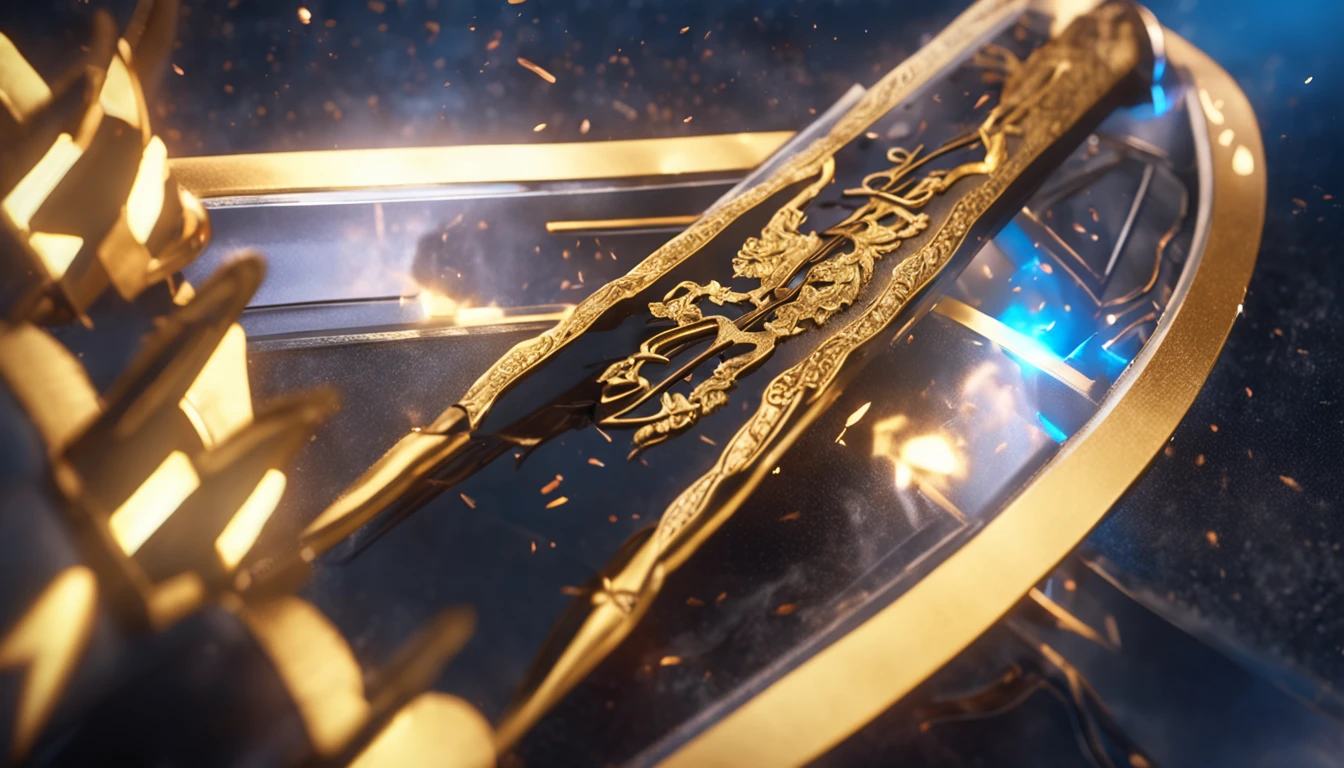 Golden blade sword with blue energy glowing, perfeita, detalhada, 8k