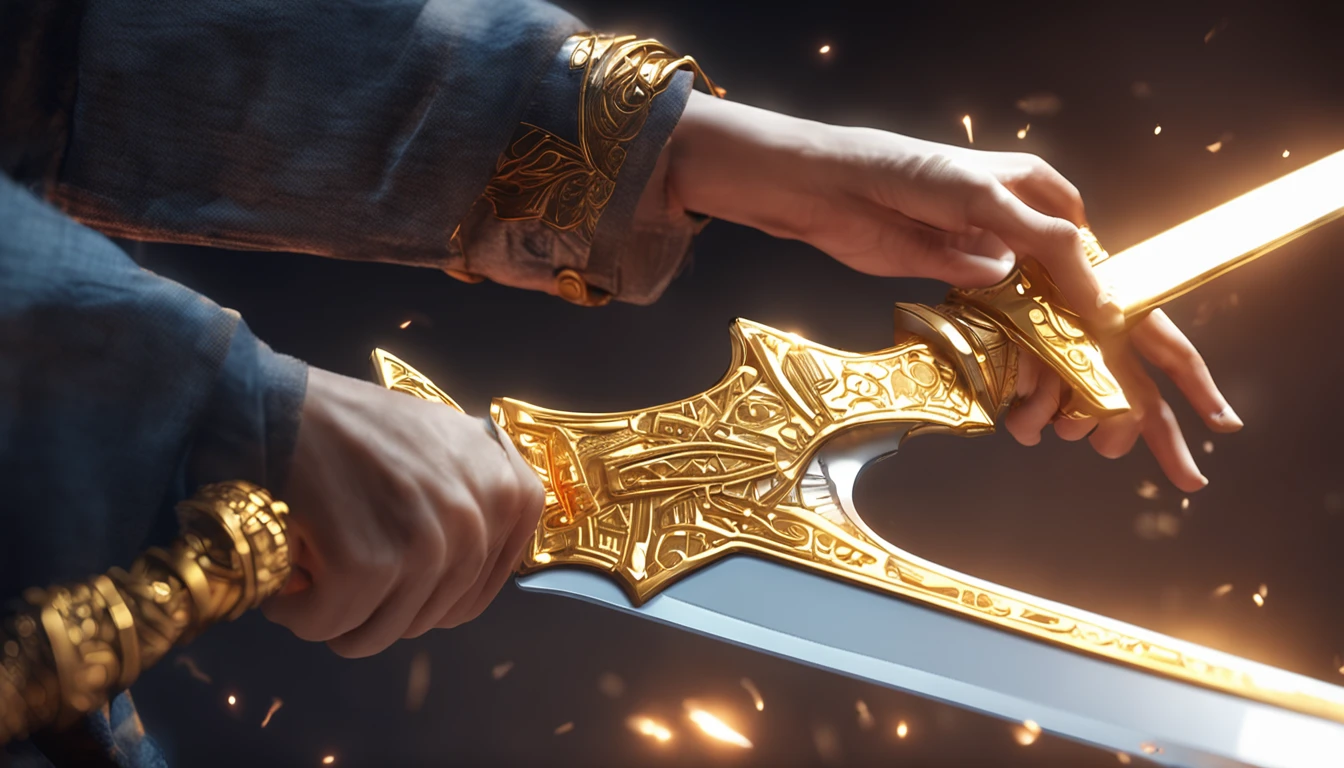 Golden blade sword with blue energy glowing, perfeita, detalhada, 8k