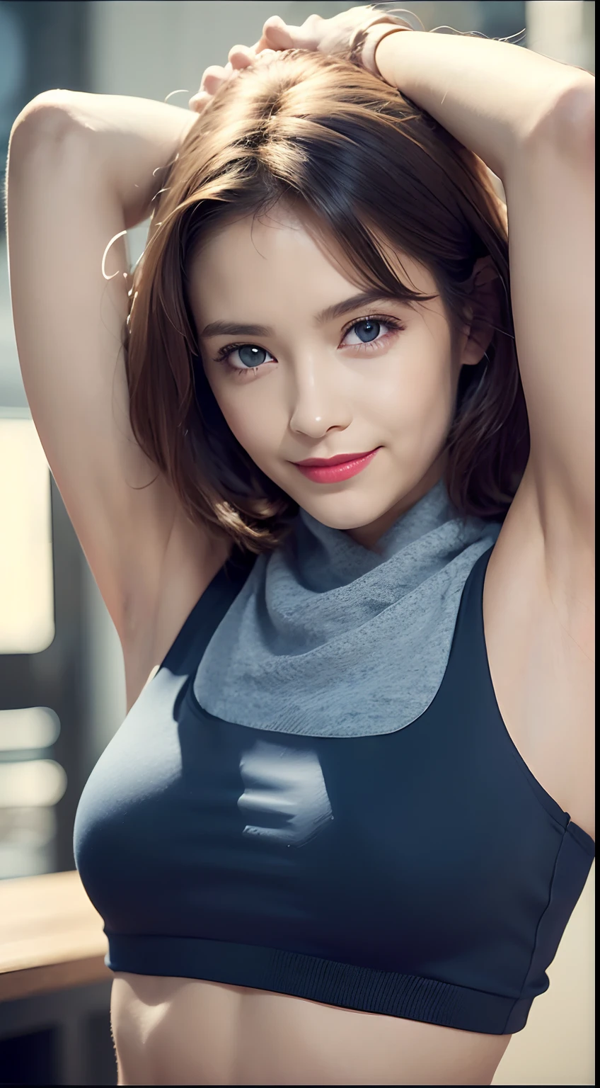 ((Pose showing underarmpits、Armpit、hairarmpits、armpits、Photograph the whole body、There are many wrinkles in the armpits、Show underarms、Armpit、Detailed armpit wrinkles、Dark armpit color、Detailed armpit wrinkles、detailed skin textures、Realistic、Realistic skin、Raise your hand to show your armpits、Armpit、Sleeveless sweater、Dark blue high neck sleeveless sweater)、(realisitic、Photorealsitic:1.37)、(8K、Raw photography、top-quality、masterpiece:1.2)、cute little、ultra-detailliert、Heart-shaped pupil、physically-based renderingt、超A high resolution、Kodak Vision Color、Captured with an Arricam LT camera、bokeh dof、foco nítido、
looking at viewerer、Photorealsitic、realisitic、独奏、Photorealsitic、top-quality、extra detailed face、extremely detailed eye and face、beatiful detailed eyes、absurderes、incredibly absurdness、haunting smile、