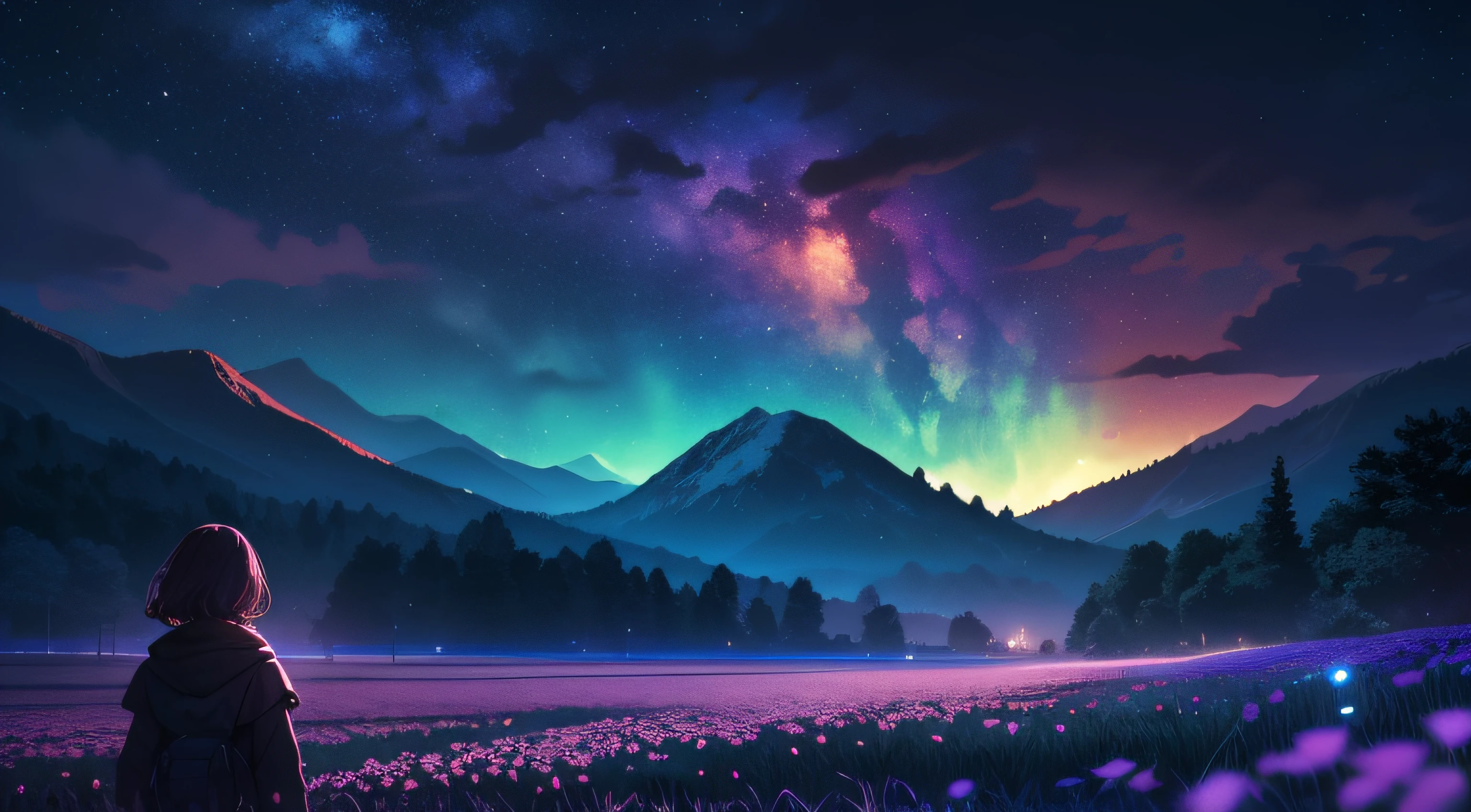 A wide landscape photo, (viewed from below, the sky is above, and the open field is below), a girl standing on a flower field looking up, (full moon: 1.2), (meteor: 0.9), (nebula: 1.3), distant mountains , Trees BREAK Crafting Art, (Warm Light: 1.2), (Firefly: 1.2), Lights, Lots of Purple and Orange, Intricate Details, Volumetric Lighting BREAK (Masterpiece: 1.2), (Best Quality), 4k, Ultra Detailed, (Dynamic Composition: 1.4), Rich in Detail and Color, (Rainbow Color: 1.2), (Glow, Atmospheric Lighting), Dreamy, Magical, (Solo: 1.2)
