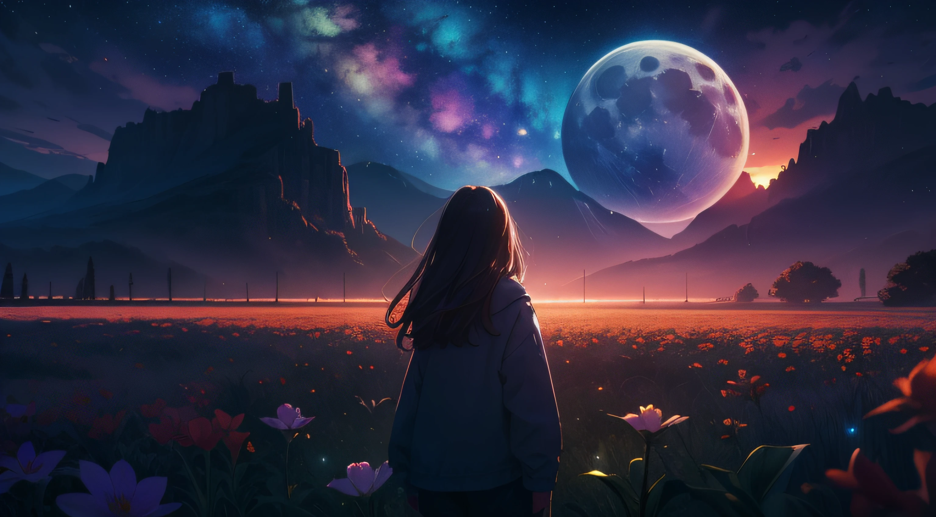 A wide landscape photo, (viewed from below, the sky is above, and the open field is below), a girl standing on a flower field looking up, (full moon: 1.2), (meteor: 0.9), (nebula: 1.3), distant mountains , Trees BREAK Crafting Art, (Warm Light: 1.2), (Firefly: 1.2), Lights, Lots of Purple and Orange, Intricate Details, Volumetric Lighting BREAK (Masterpiece: 1.2), (Best Quality), 4k, Ultra Detailed, (Dynamic Composition: 1.4), Rich in Detail and Color, (Rainbow Color: 1.2), (Glow, Atmospheric Lighting), Dreamy, Magical, (Solo: 1.2)