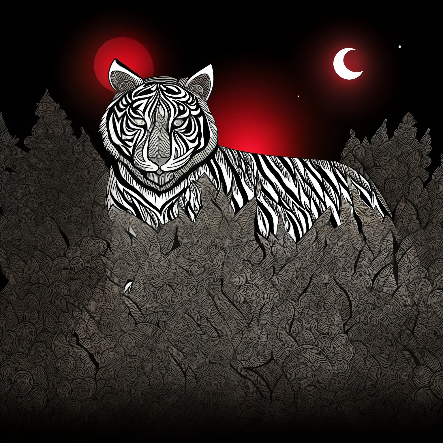Make an extremely detailed illustration of a white tiger over a Tibetan temple at night with a black sky and red clouds