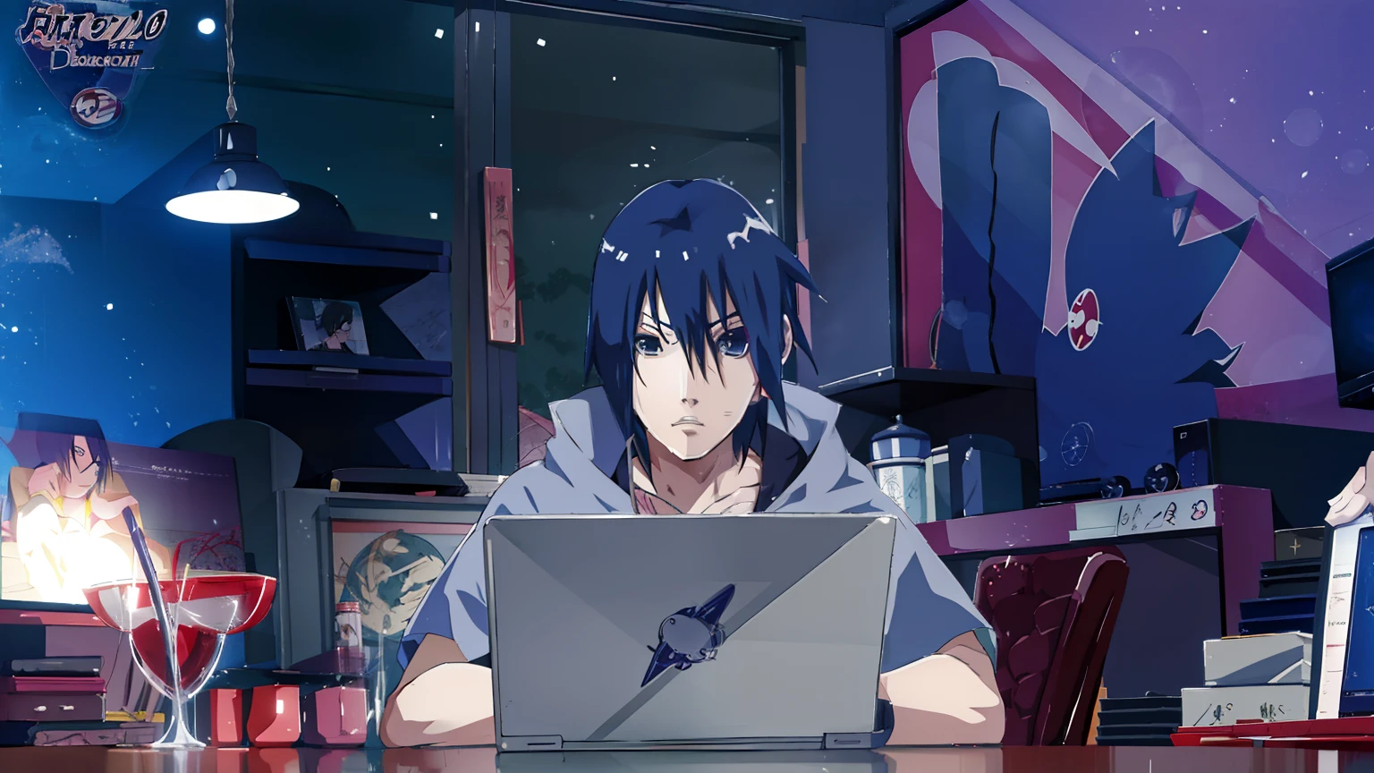 personagem de anime sentado em uma mesa com um laptop, sasuke uchiha, Estilo anime 4K, badass anime 8 k, Estilo anime moderno, Estilo anime. 8k, itatchi uchiha, Epic anime style, Steve Jobs como Hokage, Estilo anime muito moderno, Estilo anime", Estilo anime 2D, em Estilo anime, Estilo de arte Ufotable