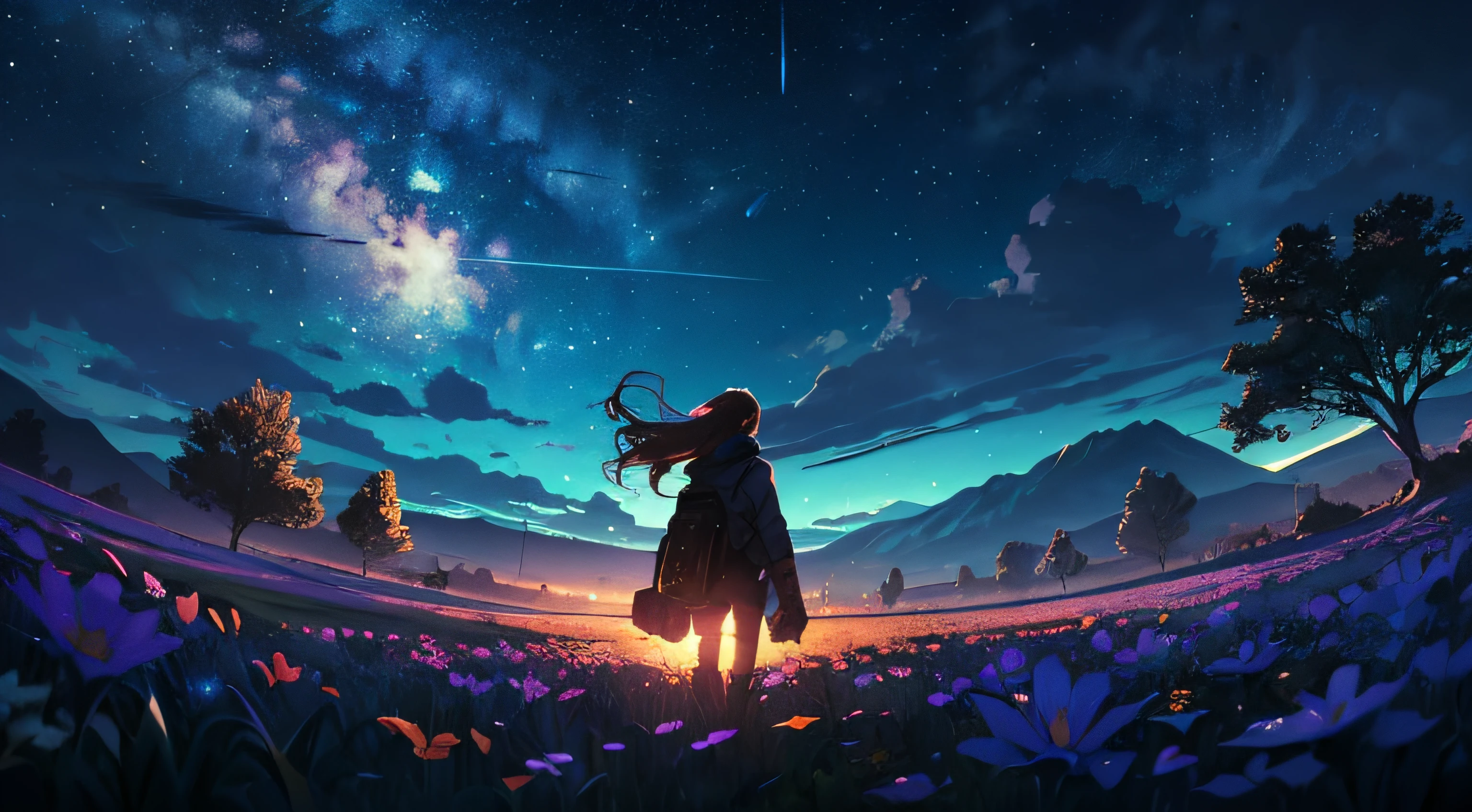 official art, unified 8k wallpaper, super detailed,  masterpiece, Best image quality，super wide angle，evening，a woman，Standing in the pond，water is like a mirror，reflecting the sky。look up to the sky，Colorful sunset，Dynamic angle, grace, bright colors,