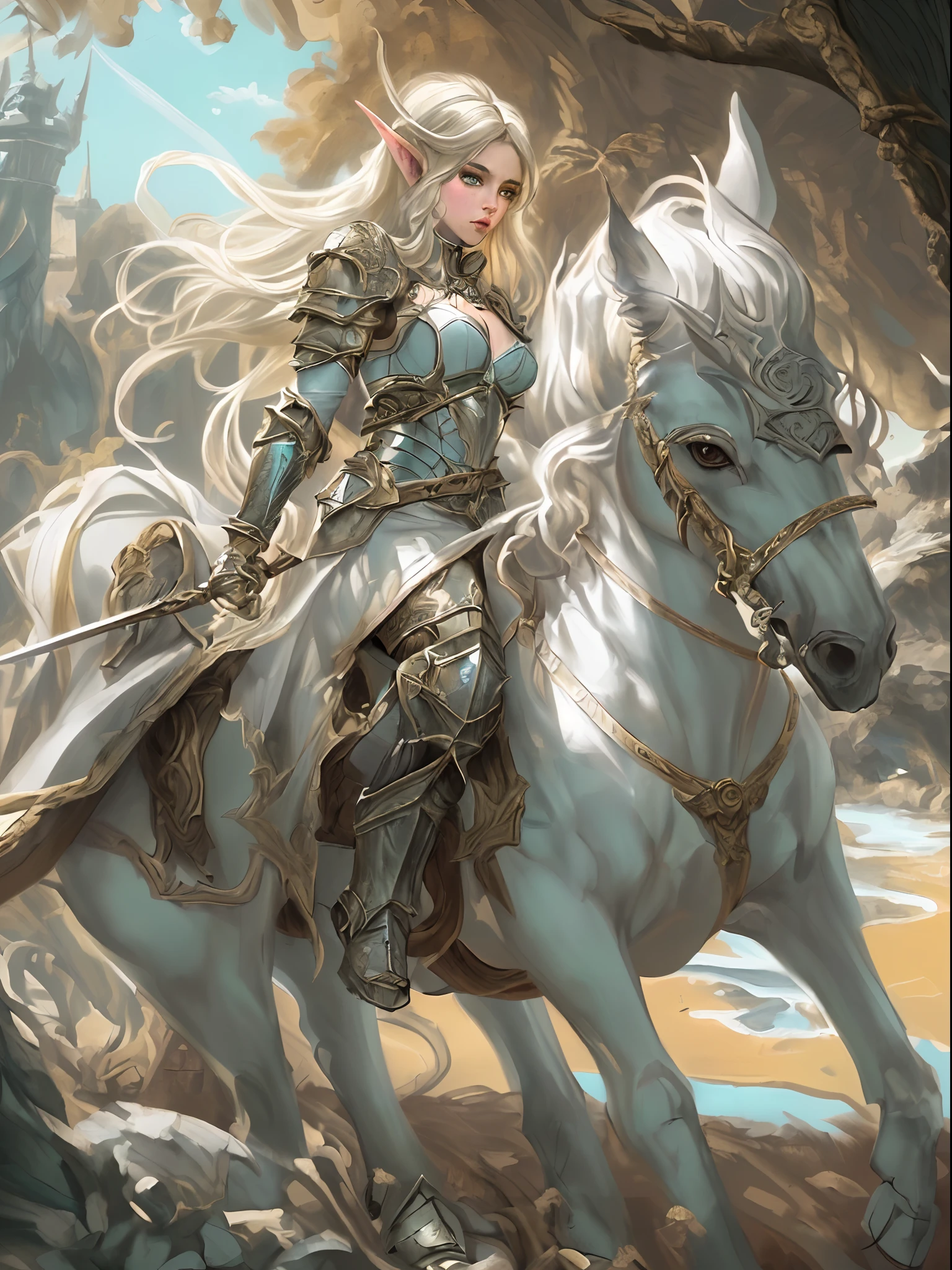 high details, best quality, 8k, [ultra detailed], masterpiece, best quality, (extremely detailed), full body, ultra wide shot, photorealistic, fantasy art, dnd art, rpg art, realistic art, a wide angle, (((anatomically correct))) a wallpaler of an elf knight, elf warrior, princess knight, shinning knight, ready for battle with her mount (intense details, Masterpiece, best quality: 1.5), female elf (intense details, Masterpiece, best quality: 1.5), ultra detailed face, ultra feminine, fair skin, exquisite beauty, gold hair, long hair, wavy hair, small pointed ears, dynamic eyes color, wearing heavy elven armor, shinning metal, armed with elven sword Divine_sword_Irelia, standing near her mount, dynamic mount , green meadows, blue skies background and some clouds background depth of field (intricate details, Masterpiece, best quality: 1.5), full body (intricate details, Masterpiece, best quality: 1.5), high details, best quality, highres, ultra wide angle