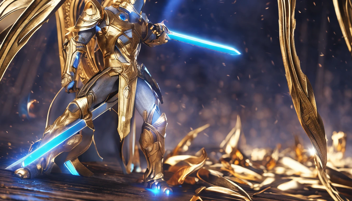 Excalibur, Golden blade sword with blue energy glowing, perfeita, detalhada, 8k