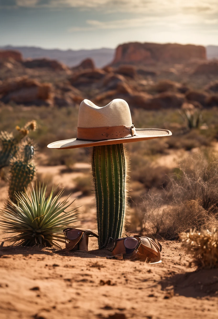 Bau de tesouro fechado ao longe na paisagem, bau do tesouro, straw hat, leather hat, Cactus plants in a desert area with a sky background, caatinga, paisagem do deserto, Desert scenery showing a treasure chest.