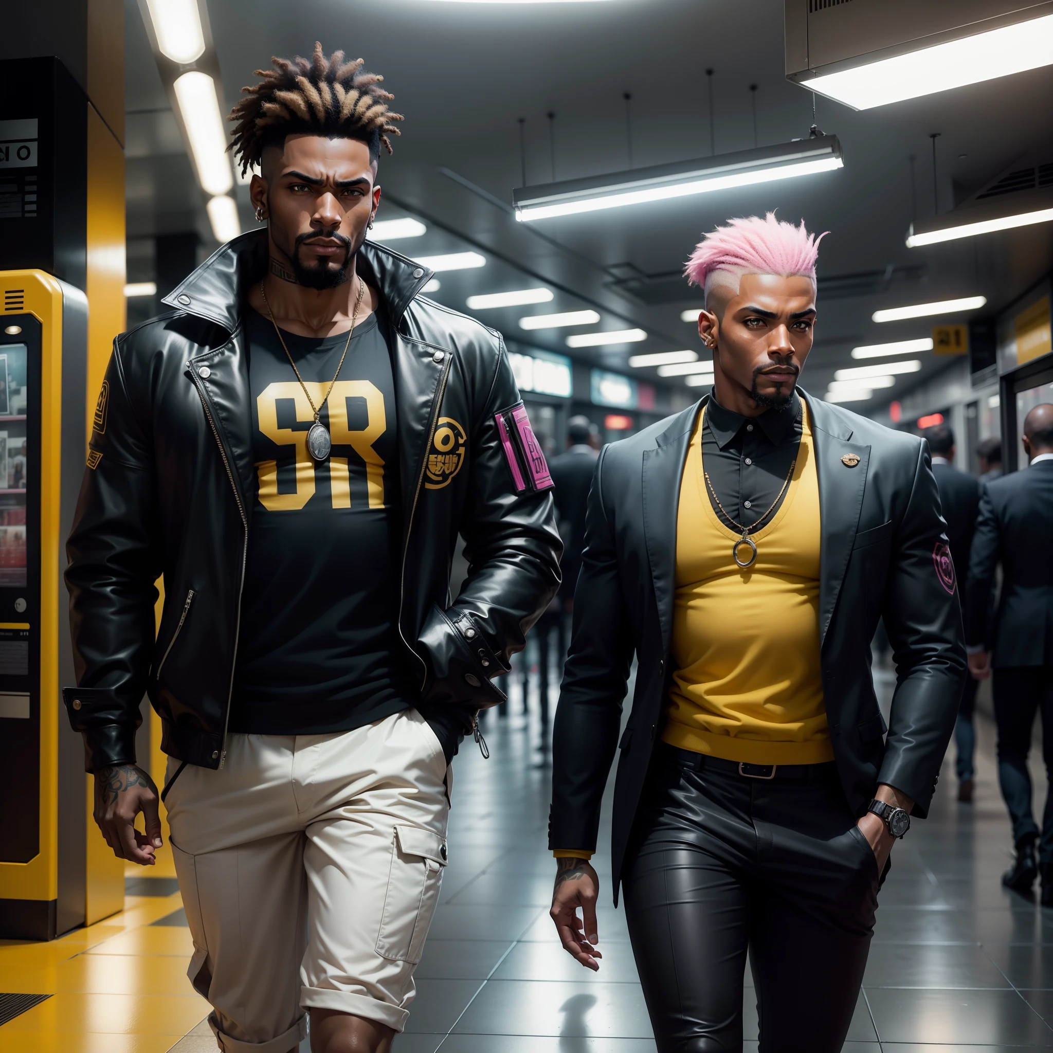 I'd like a cyberpunk style image in 4k average photo of two black characters ,30 anos de idade,,africano, forte, musculoso,Bodybillder,muito forte de pele negra ,barba grande,barba, Estiloso Barbon,com cabelo punk estilo anos 80 na cor amarelo e cinza escuro,muito eLegante,, futurista e estiloso neon , com uma tatuagem super colorida e com neon ,Toattoo, facing a metro station on the platform , with station lights failing in a dimly lit environment, standing dressed in a dark yellow suit with a pink bow tie and baggy shirt.