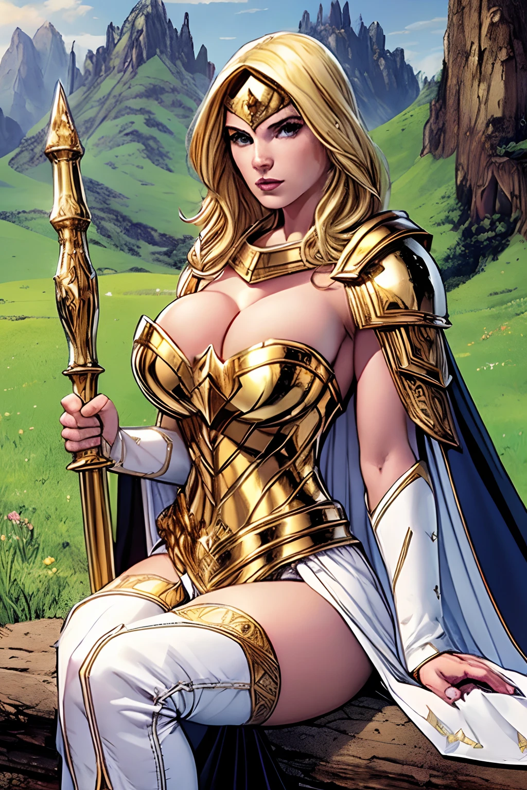 (masterpiece, top quality, best quality, official art, beautiful and aesthetic:1.2), (1girl:1.3), ((long blonde hair)), light freckles, fair skin, extremely detailed, portrait, looking at viewer, solo, (full body:0.6), detailed background, close up, (warm grasslands theme:1.1), holy paladin, charlatan, smirk, mysterious, swaying in mountains, skimpy attire, ornate white and gold armor, cowl, breastplate, gorget, hood, pauldrons, greaves, armored, long boots, longsword, shield, cape, cloak, white fabric, pale leather, ((((gigantic breasts, cleavage, skindentation)))), slim waist, slim hips, long legs, medieval (mountain exterior:1.1) background, dark mysterious lighting, shadows, magical atmosphere, dutch angle