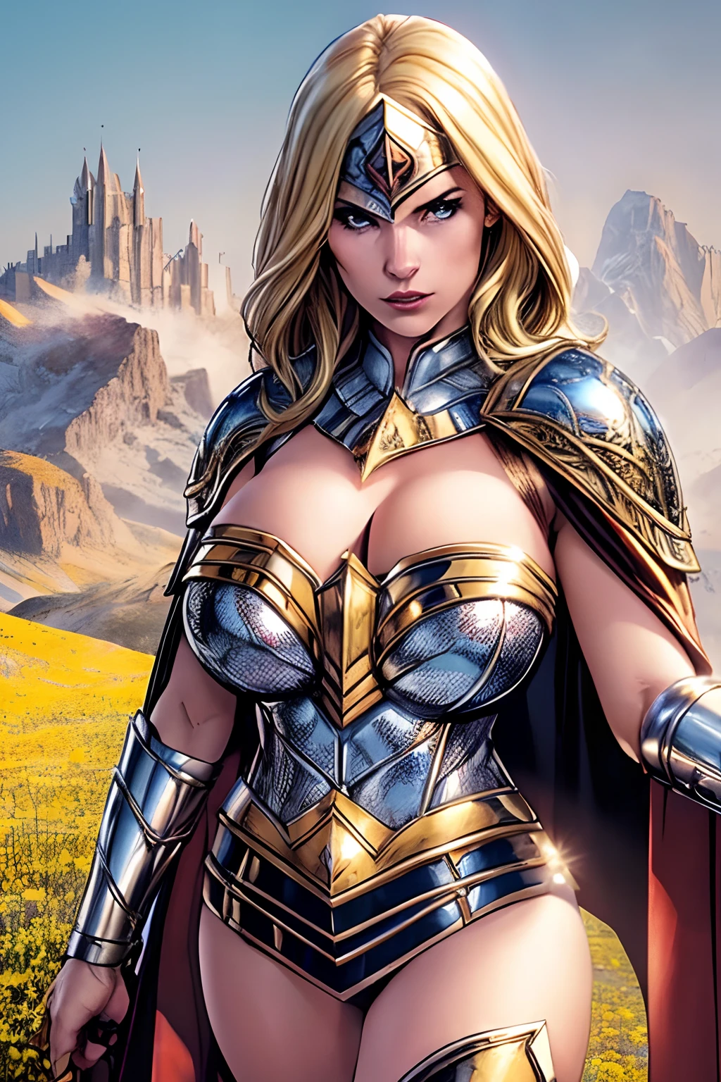 (masterpiece, top quality, best quality, official art, beautiful and aesthetic:1.2), (1girl:1.3), ((long blonde hair)), light freckles, fair skin, extremely detailed, portrait, looking at viewer, solo, (full body:0.6), detailed background, close up, (warm grasslands theme:1.1), holy paladin, charlatan, smirk, mysterious, swaying in mountains, skimpy attire, ornate white and gold armor, cowl, breastplate, gorget, hood, pauldrons, greaves, armored, long boots, longsword, shield, cape, cloak, white fabric, pale leather, ((((gigantic breasts, cleavage, skindentation)))), slim waist, slim hips, long legs, medieval (mountain exterior:1.1) background, dark mysterious lighting, shadows, magical atmosphere, dutch angle