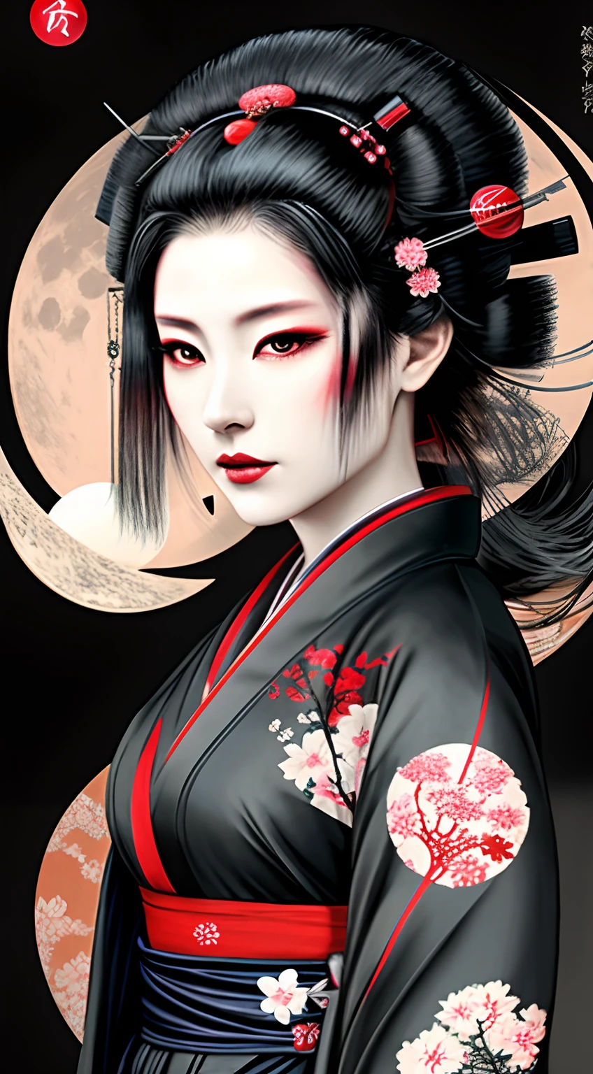 arafed woman in a kimono with a moon in the background, japanese art style, cyberpunk geisha, takato yomamoto. 4 k, beauty geisha, japanese goddess, stunning digital illustration, exquisite digital illustration, beautiful digital artwork, artwork in the style of guweiz, geisha, japanese art on behance, trending on artstration, japanese illustrator, long black hair, red moon