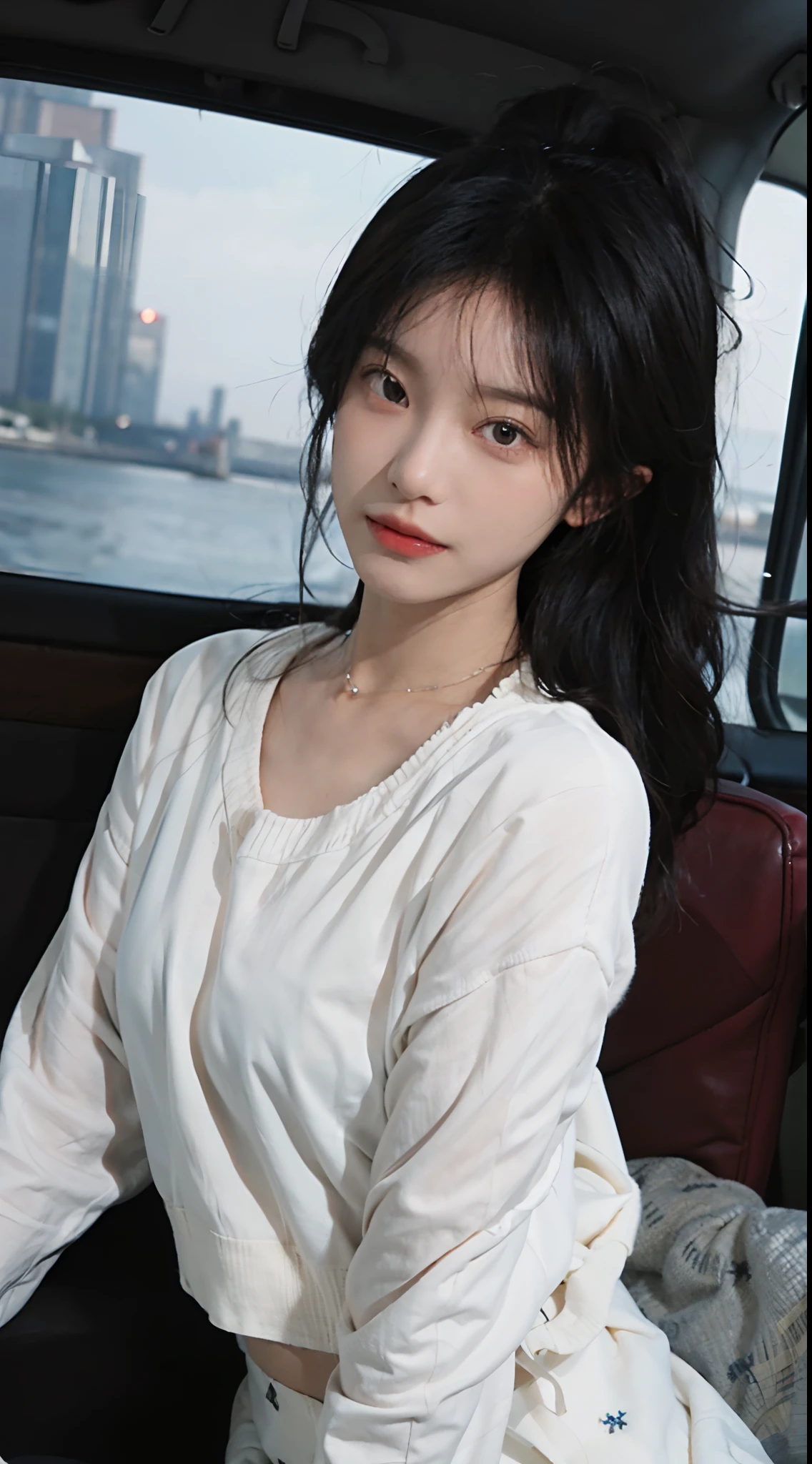 Temperament girl, delicate facial features, bangs, brown ponytail, messy hair, hair is very realistic, wearing a white shirt with short sleeves, the background is the sky, sea view, Du Qiong, exquisite makeup, light red lips, big eyes, double eyelids, black holes, bright eyes, symmetrical face, face is very real, meticulously portrayed the girl's face, blush, super high appearance, looking at the audience, very realistic skin, skin oil reflection, artwork, clothes with real fabric texture, realistic painting, film style, Photography level, ray tracing, realistic light and shadow effects, realism, masterpiece, just like the top photography effect, 8K