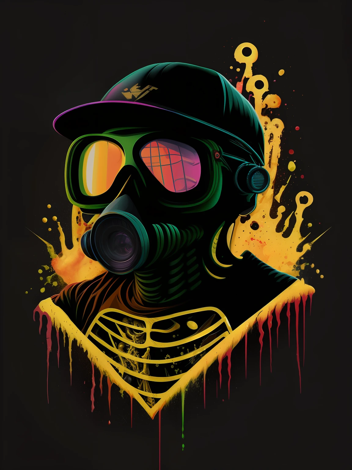 Pixador skeleton with gas mask and lid, chapinhar, borrifo, faixas, anos 80, imagem vetorial, design de camiseta, isolado, fundo preto, illustration ,usar somente cores verde amarelo e vermelho, with neon glasses highlighted